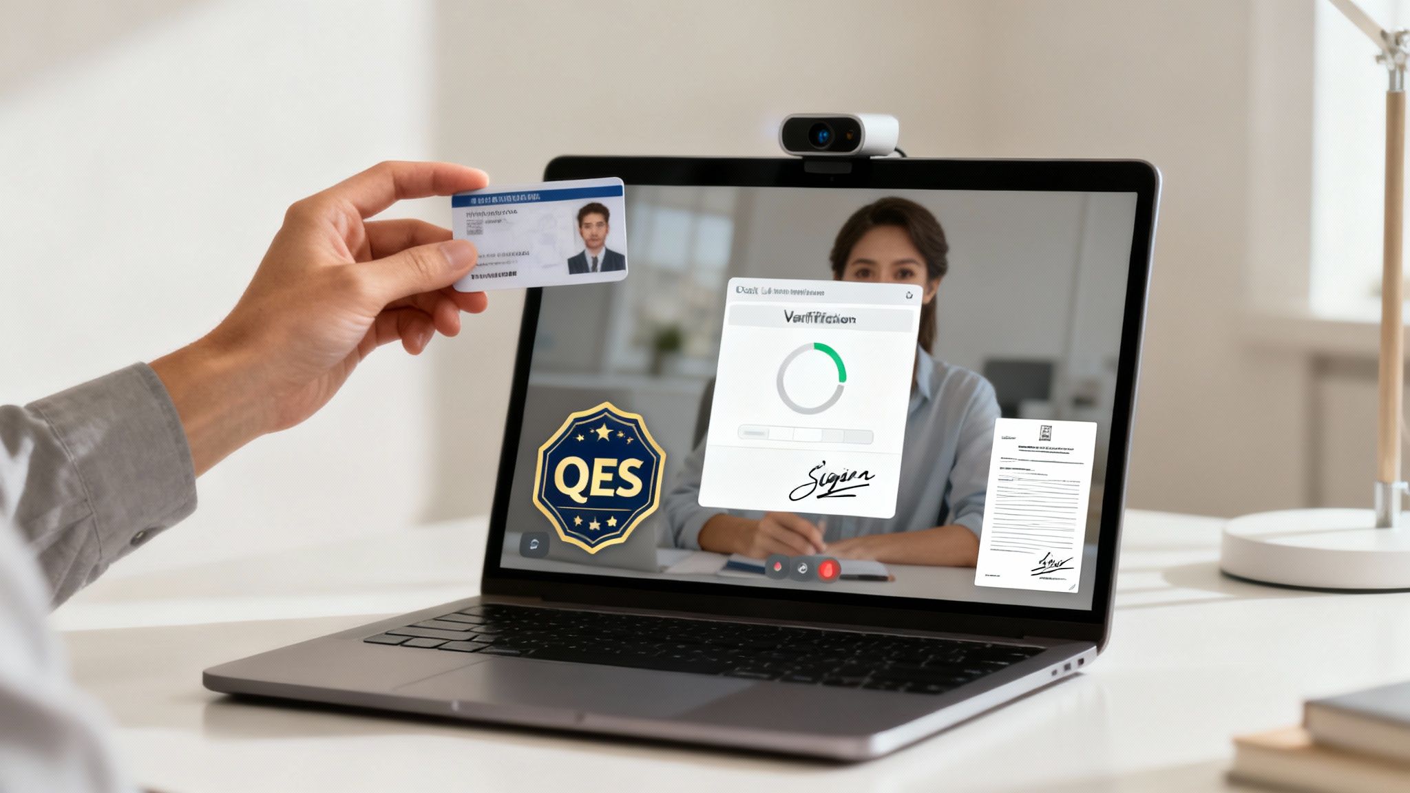 Eine Person hält ein Smartphone, das auf ein sicheres Zertifikatssymbol auf einem Laptop-Bildschirm gerichtet ist, um den Prozess der Identitätsprüfung für eine digitale Signatur zu symbolisieren.