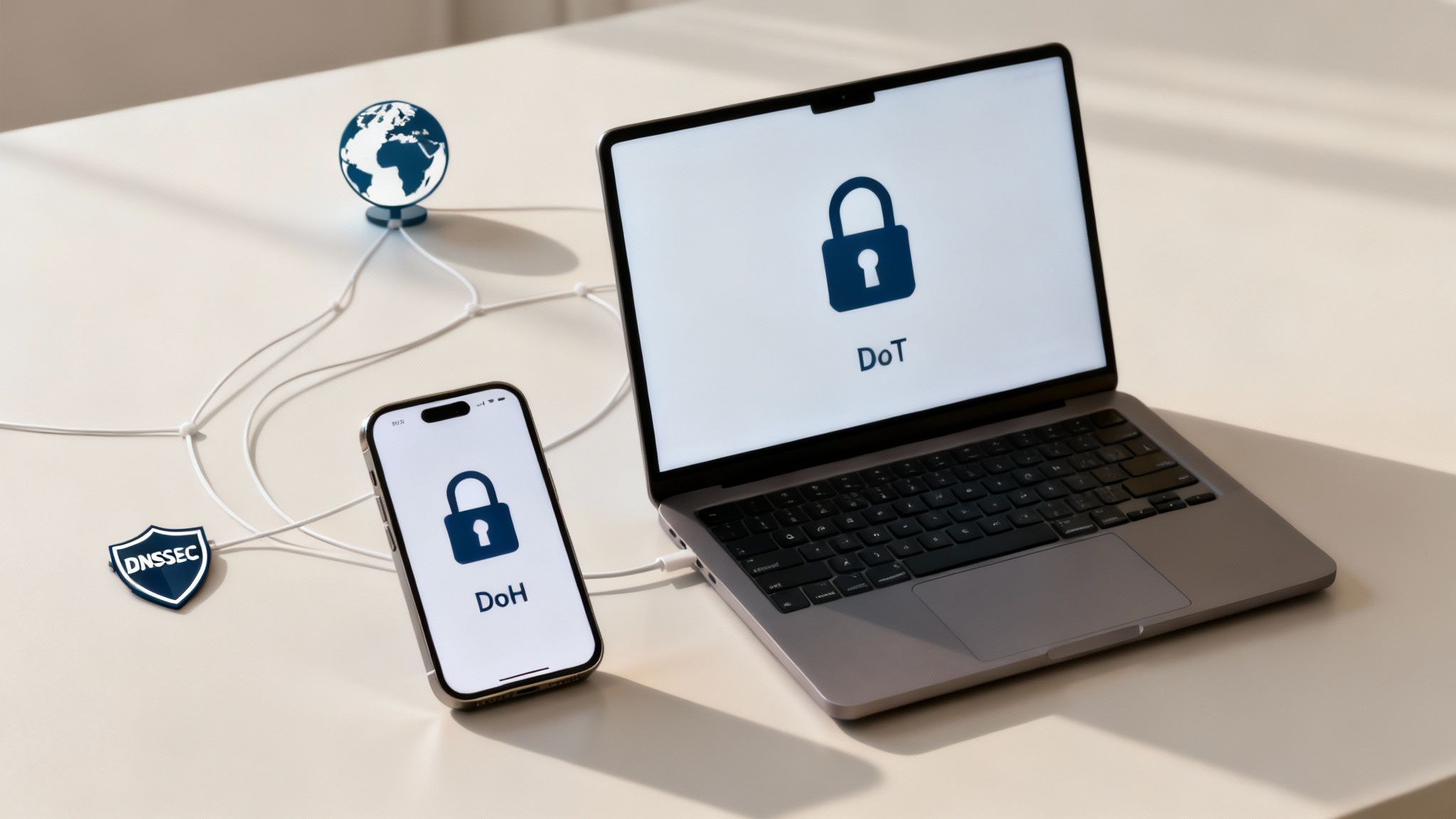 Laptop und Smartphone zeigen DoT und DoH Verschlüsselung mit Sicherheitsschloss-Symbol, DNSSEC Shield daneben