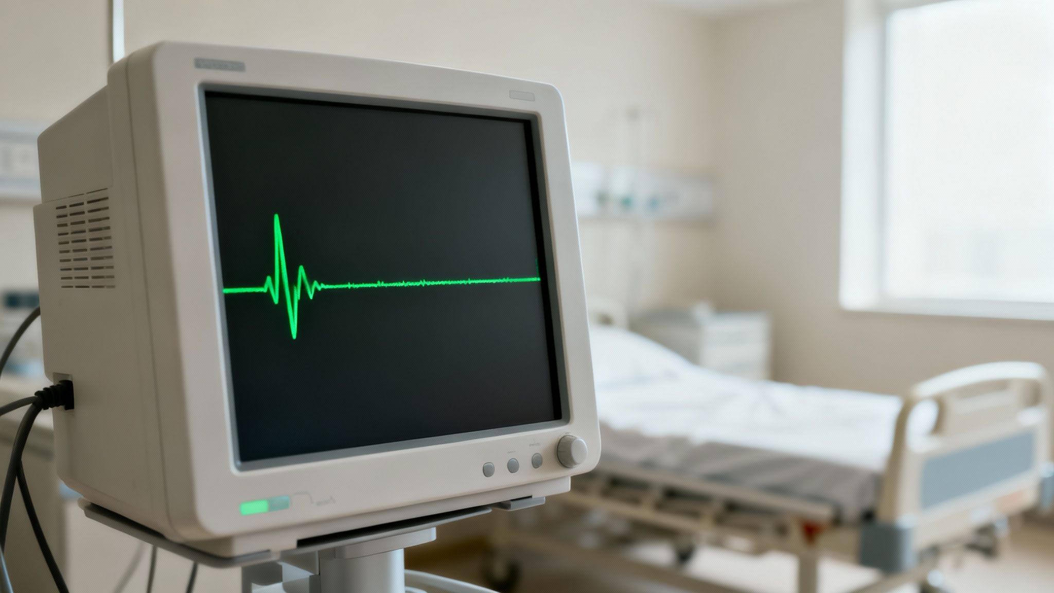 Ein medizinischer Monitor zeigt eine grüne Herzschlagkurve in einem leeren Krankenhauszimmer.