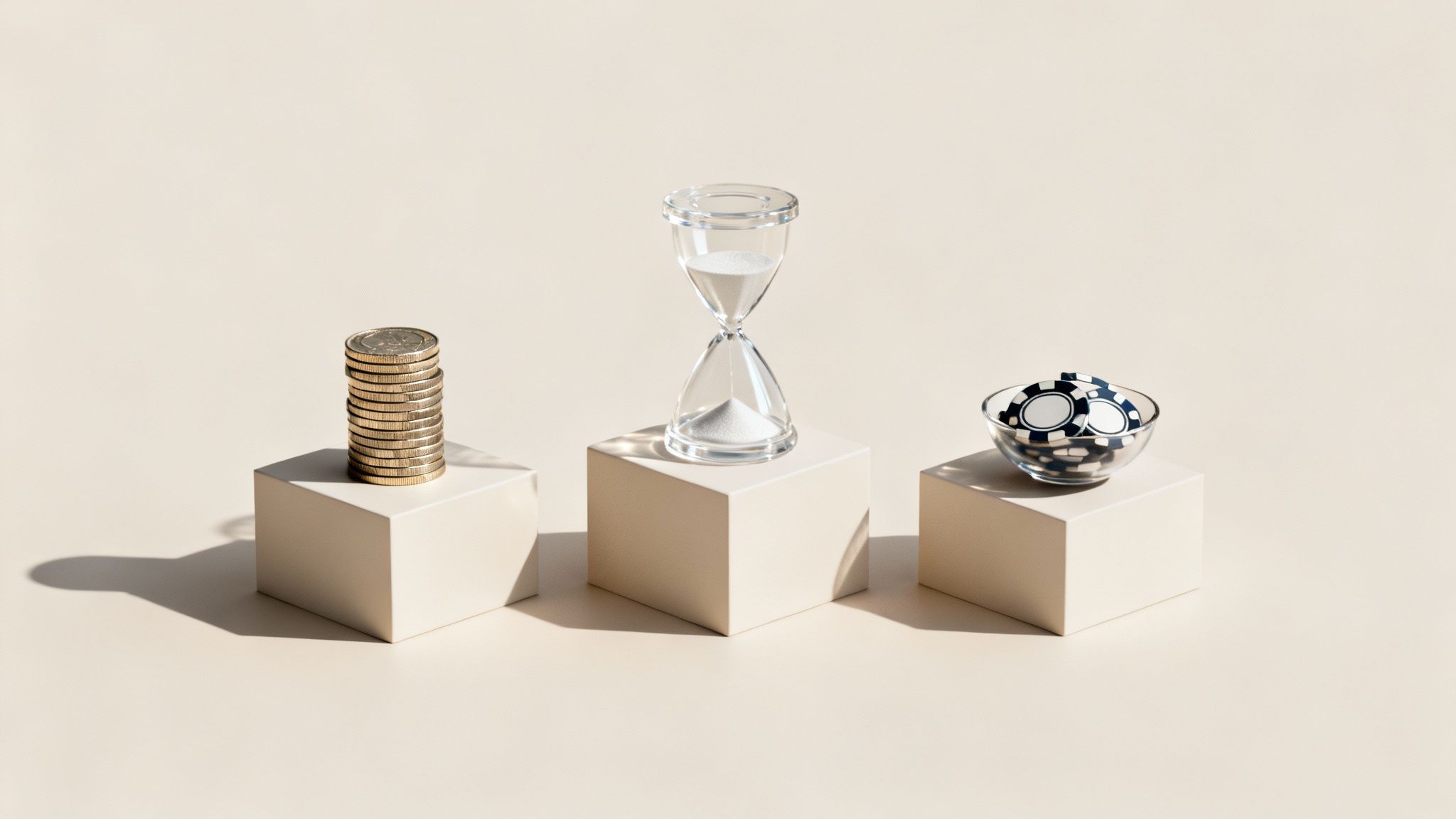 Drei beige Würfel präsentieren Münzen, Sanduhr und Pokerchips, die Zeit, Geld und Risiko symbolisieren.