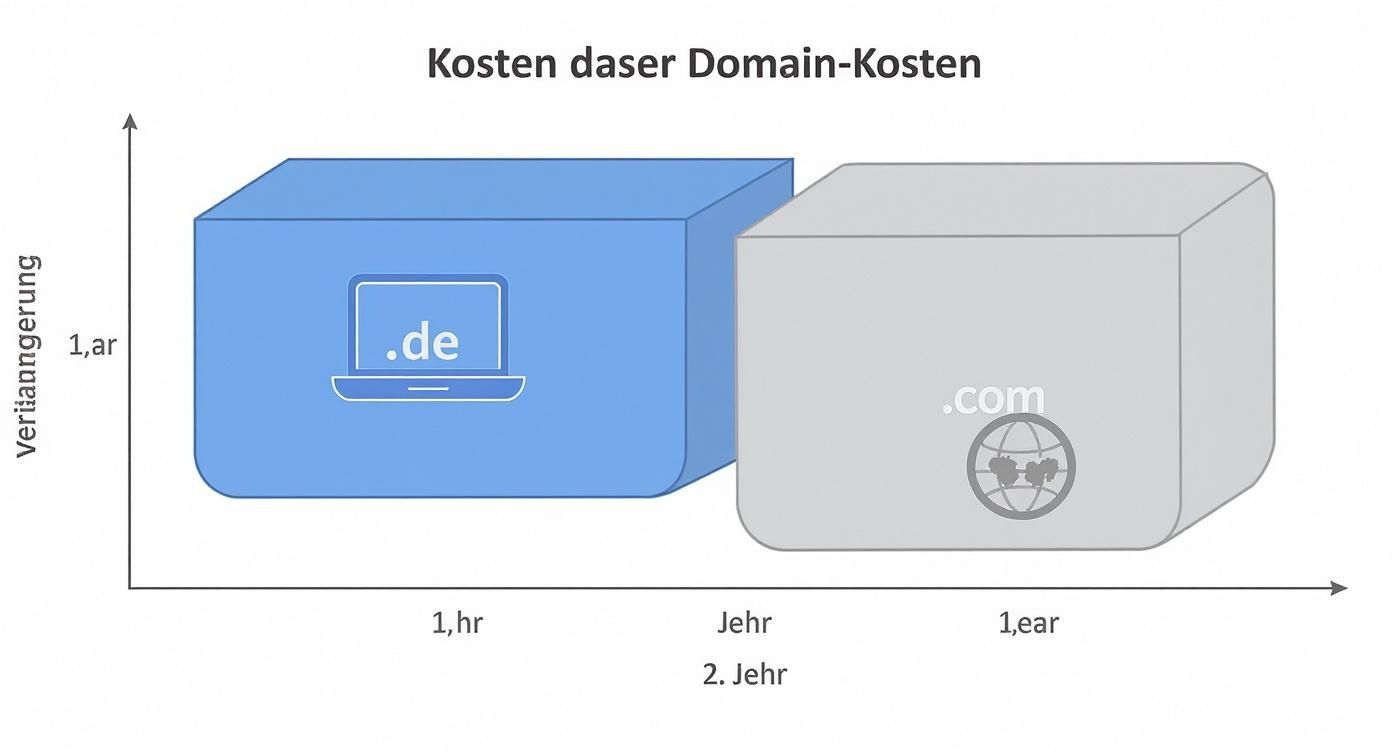 Infografik über die Kosten für eine Domain im ersten Jahr im Vergleich zur Verlängerung für .de und .com Endungen