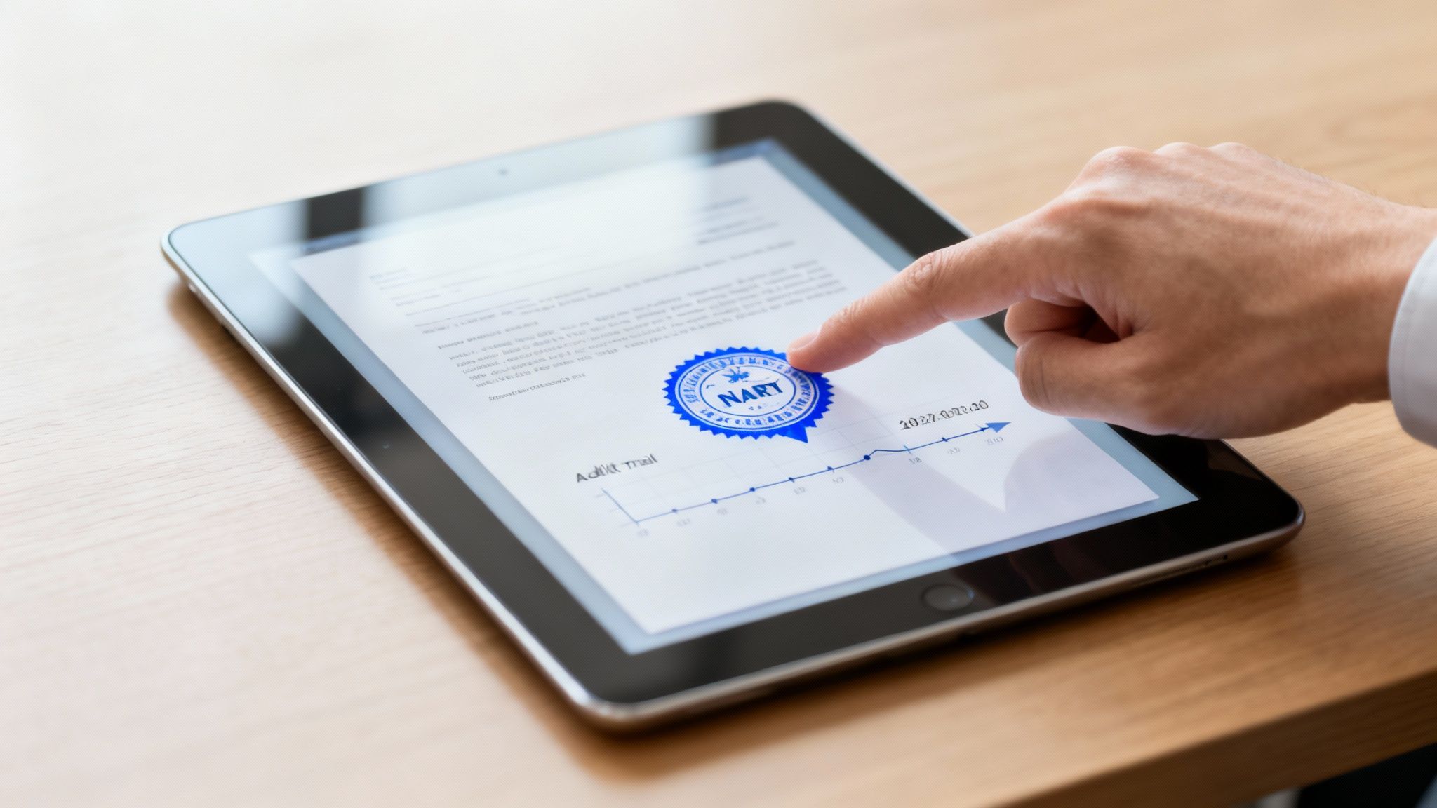 Hand tippt auf Tablet mit revisionssicherem Dokument und digitalem Siegel. Effizientes Dokumentenmanagement.