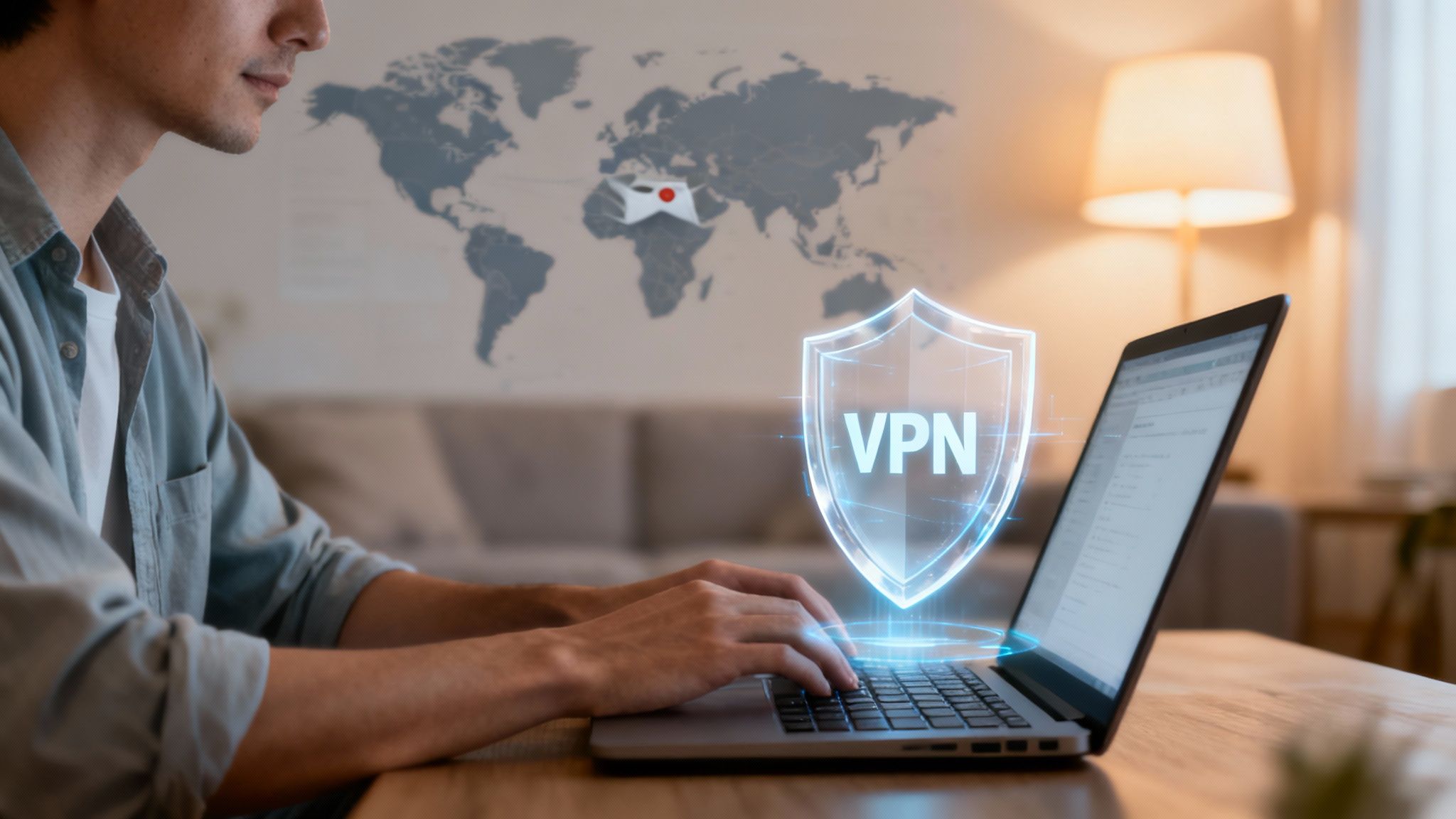 Mann nutzt Laptop mit VPN-Schutzschild und Weltkarte; sichere Internetverbindung und Geoblocking.