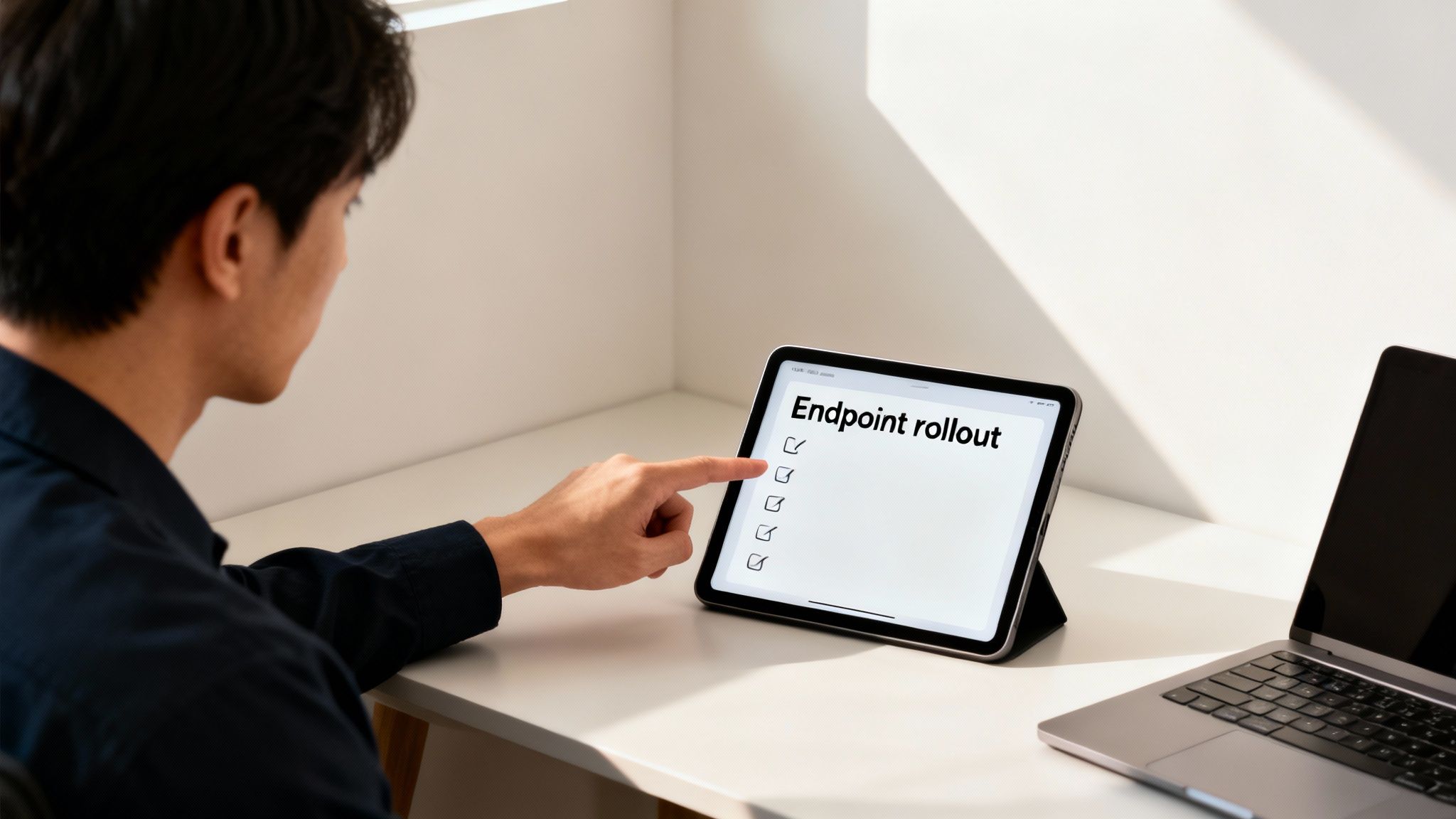 Ein Mann überprüft eine Checkliste für den „Endpoint rollout“ auf einem Tablet an einem Schreibtisch mit Laptop.