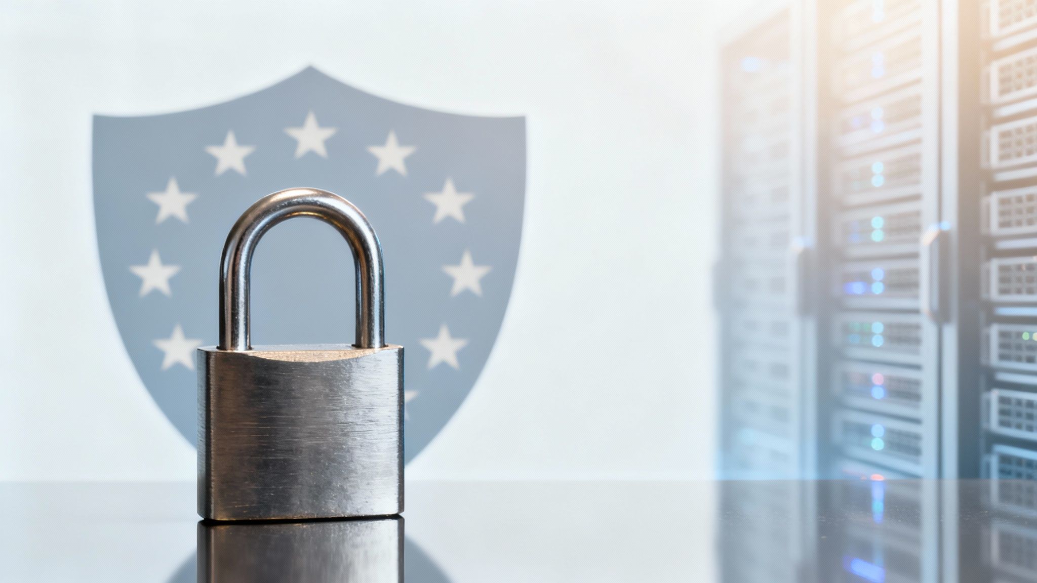 Ein Vorhängeschloss vor einem Schild mit Sternen und unscharfen Servern, symbolisiert Datensicherheit.