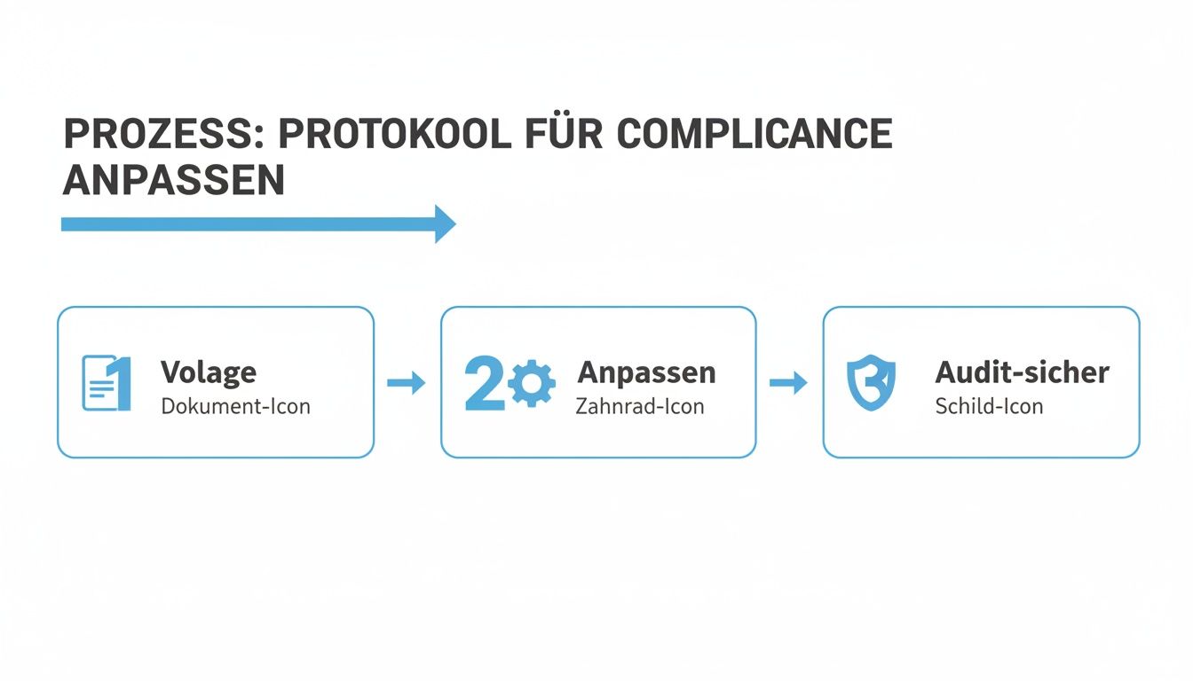 Prozessdiagramm zeigt drei Schritte zur Anpassung eines Compliance-Protokolls: Vorlage, Anpassen, Audit-sicher.