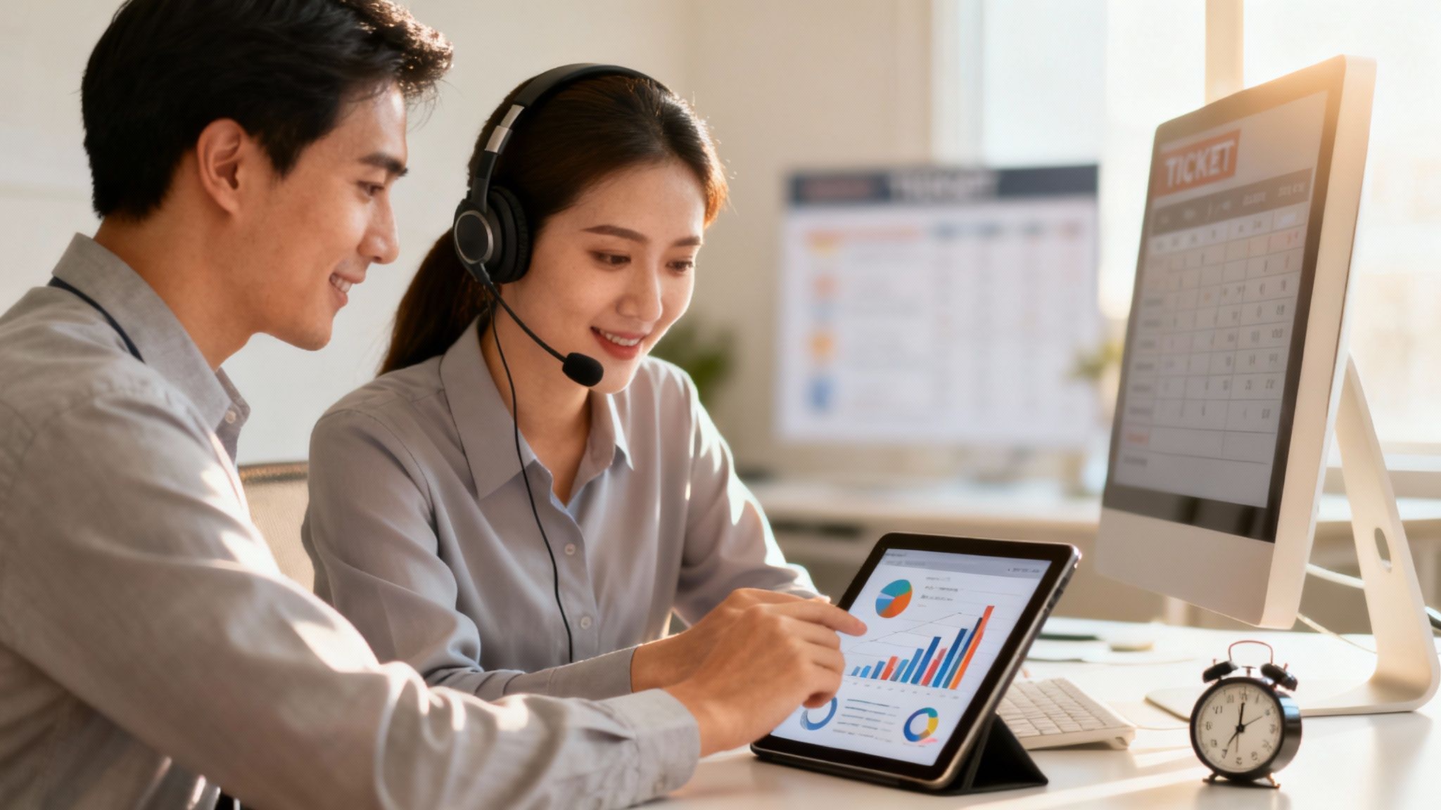 Zwei Kollegen im Büro analysieren Daten auf einem Tablet. Die Frau trägt ein Headset und lächelt. Ein Bildschirm und ein Wecker sind im Hintergrund.