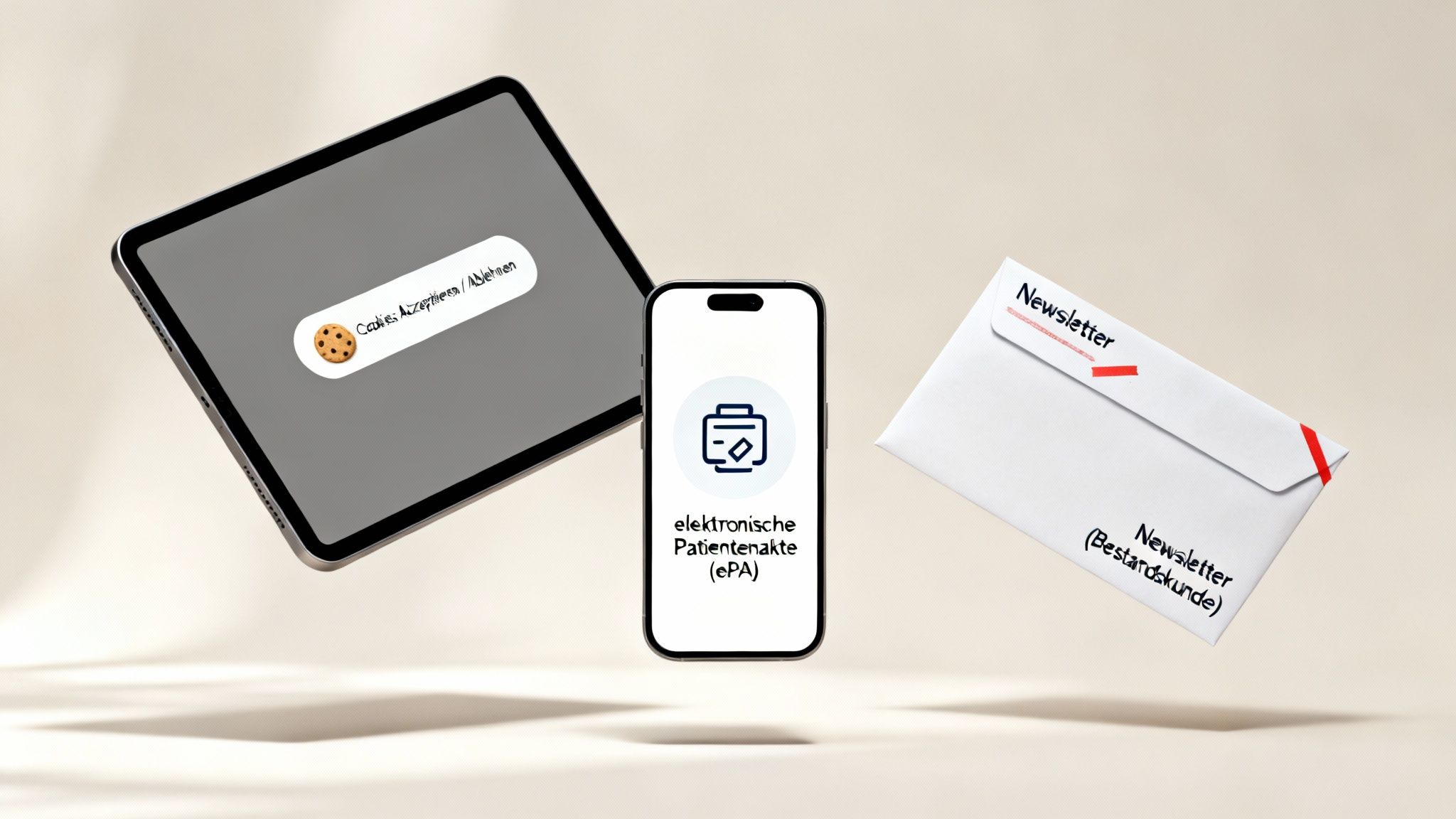 Digitale Interaktionen und Datenverwaltung: Cookie-Banner, elektronische Patientenakte, Newsletter.