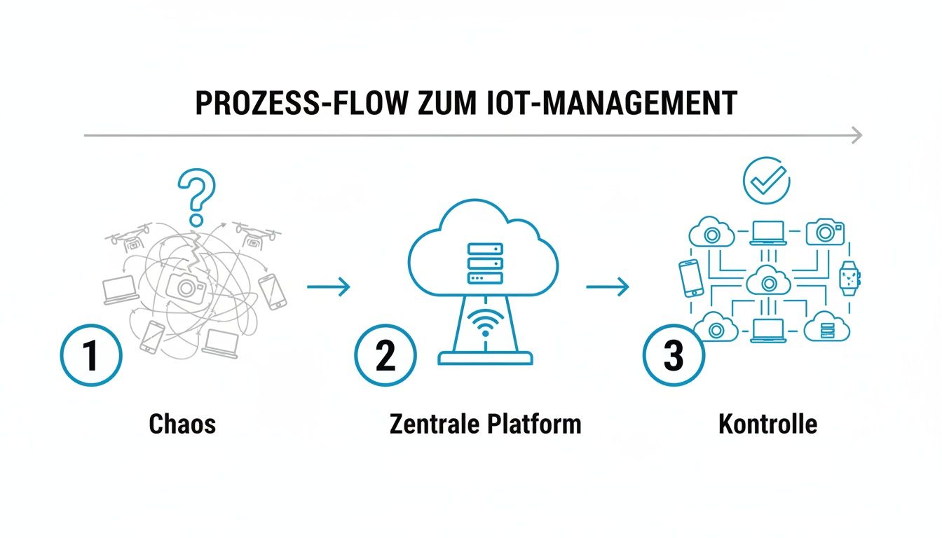 Flussdiagramm zum IoT-Management: Vom Chaos unzähliger Geräte zur zentralen Plattform und vollständigen Kontrolle.
