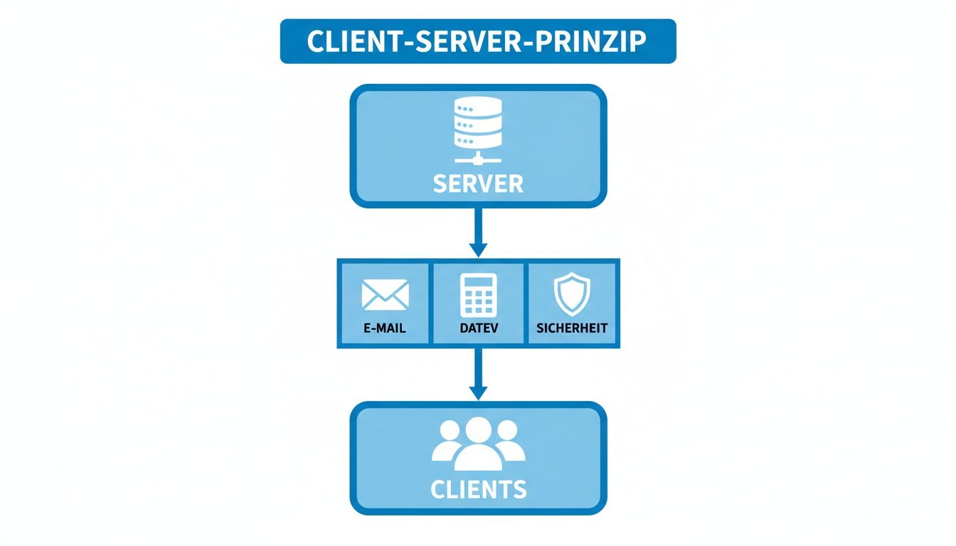 Diagramm des Client-Server-Prinzips, das einen Server, seine Dienste (E-Mail, DATEV, Sicherheit) und Clients darstellt.