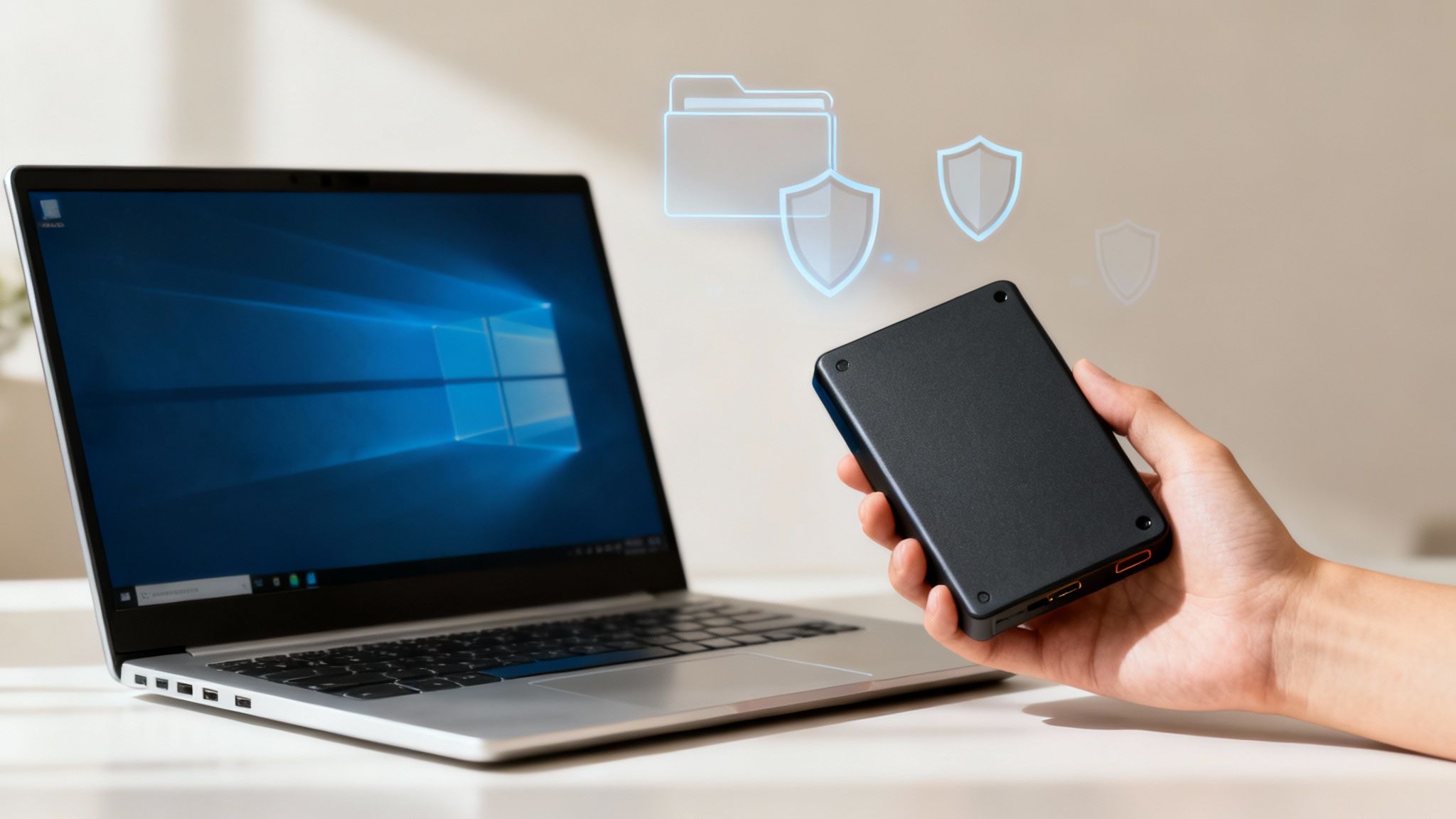 Eine externe Festplatte liegt neben einem Laptop, bereit für die Datensicherung