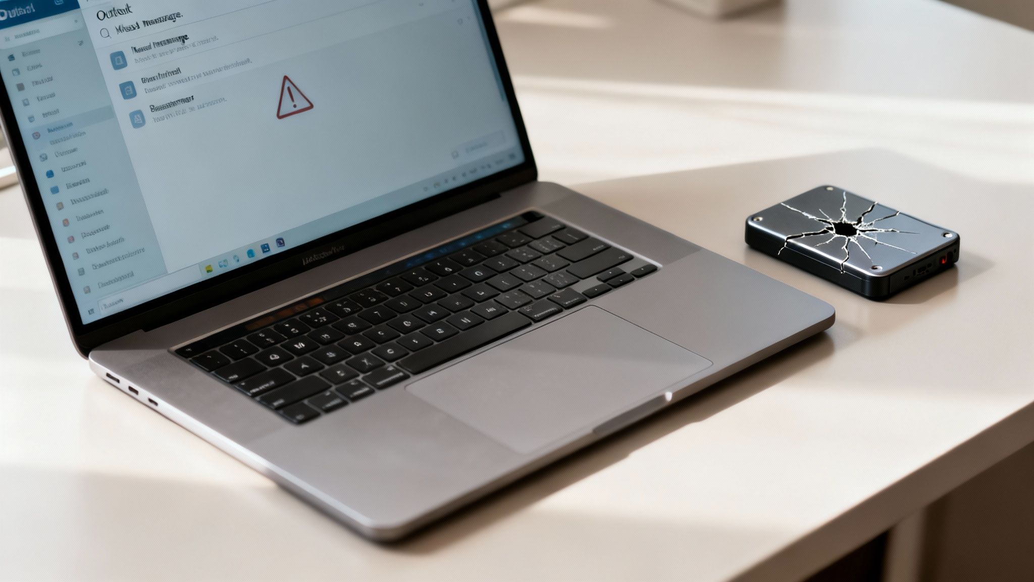 Laptop zeigt Outlook mit Warnmeldung an, daneben ein defektes externes Speichergerät.