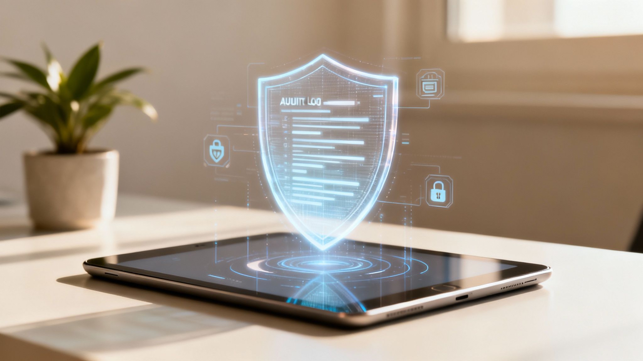 Tablet auf einem Schreibtisch mit einem holographischen Schild, das einen Audit-Log und Sicherheitssymbole anzeigt.