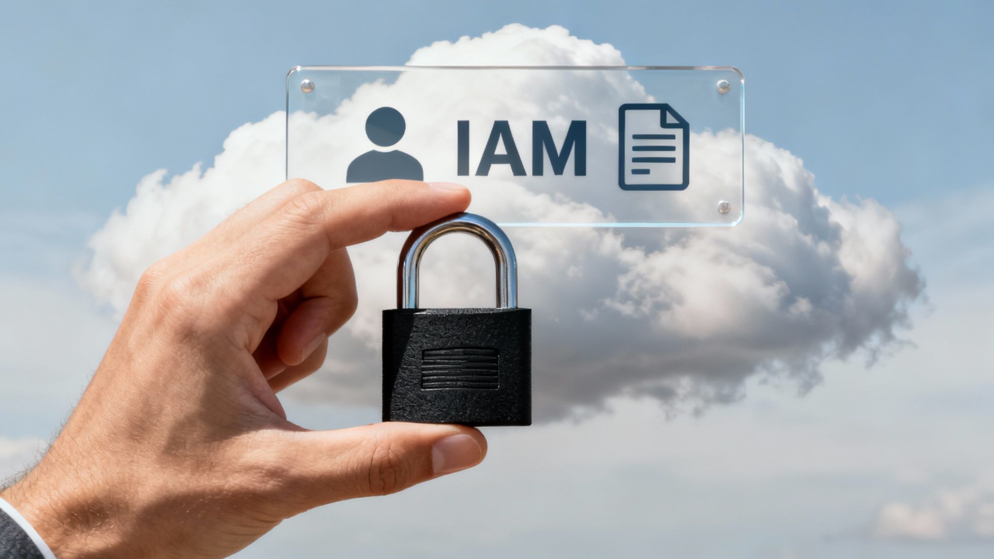 Hand hält Vorhängeschloss vor transparenter Tafel mit IAM-Symbol und Wolken im Hintergrund für Cloud-Sicherheit