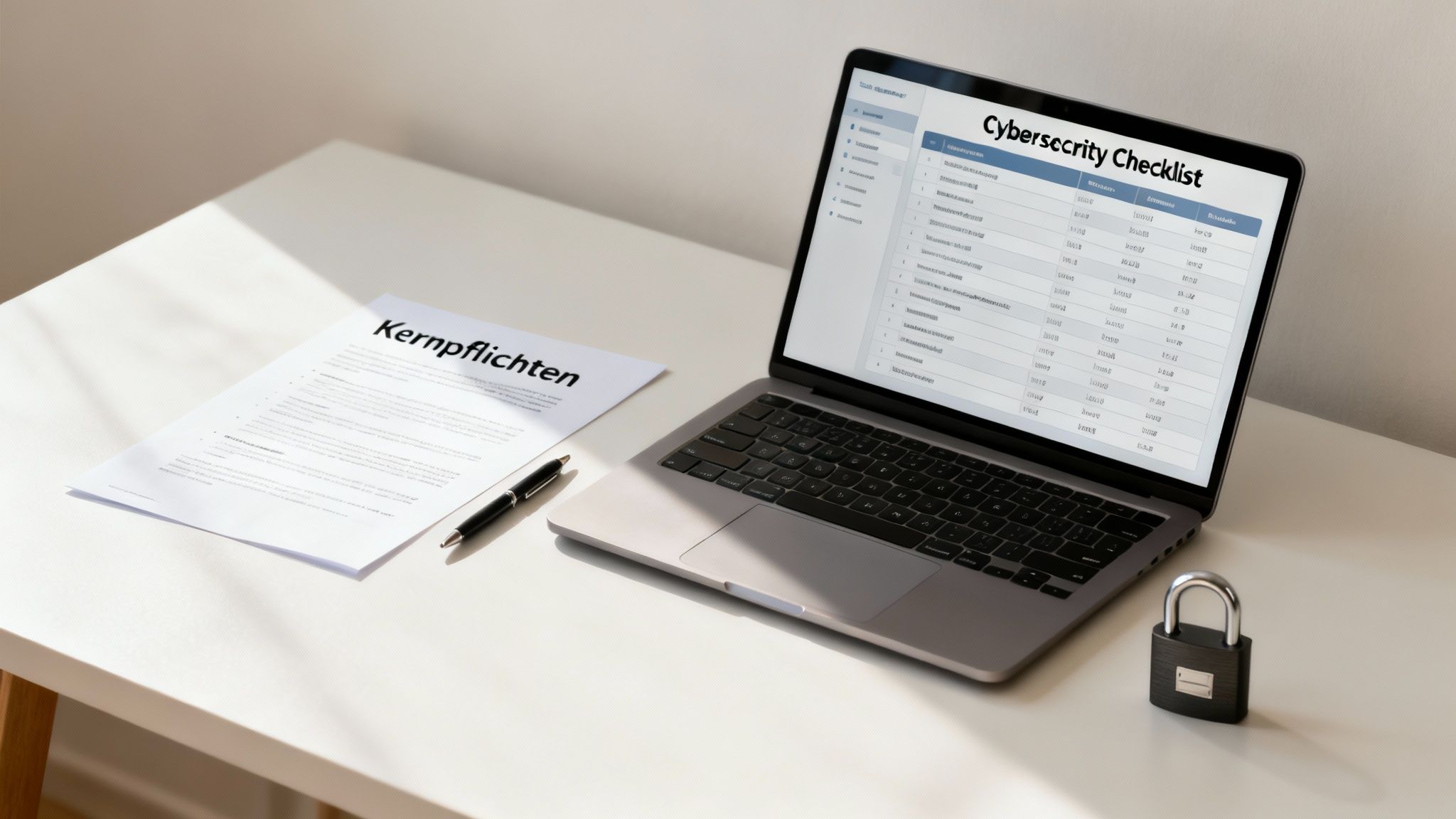 Geschäftsführer am Schreibtisch mit Blick auf digitale Sicherheitselemente