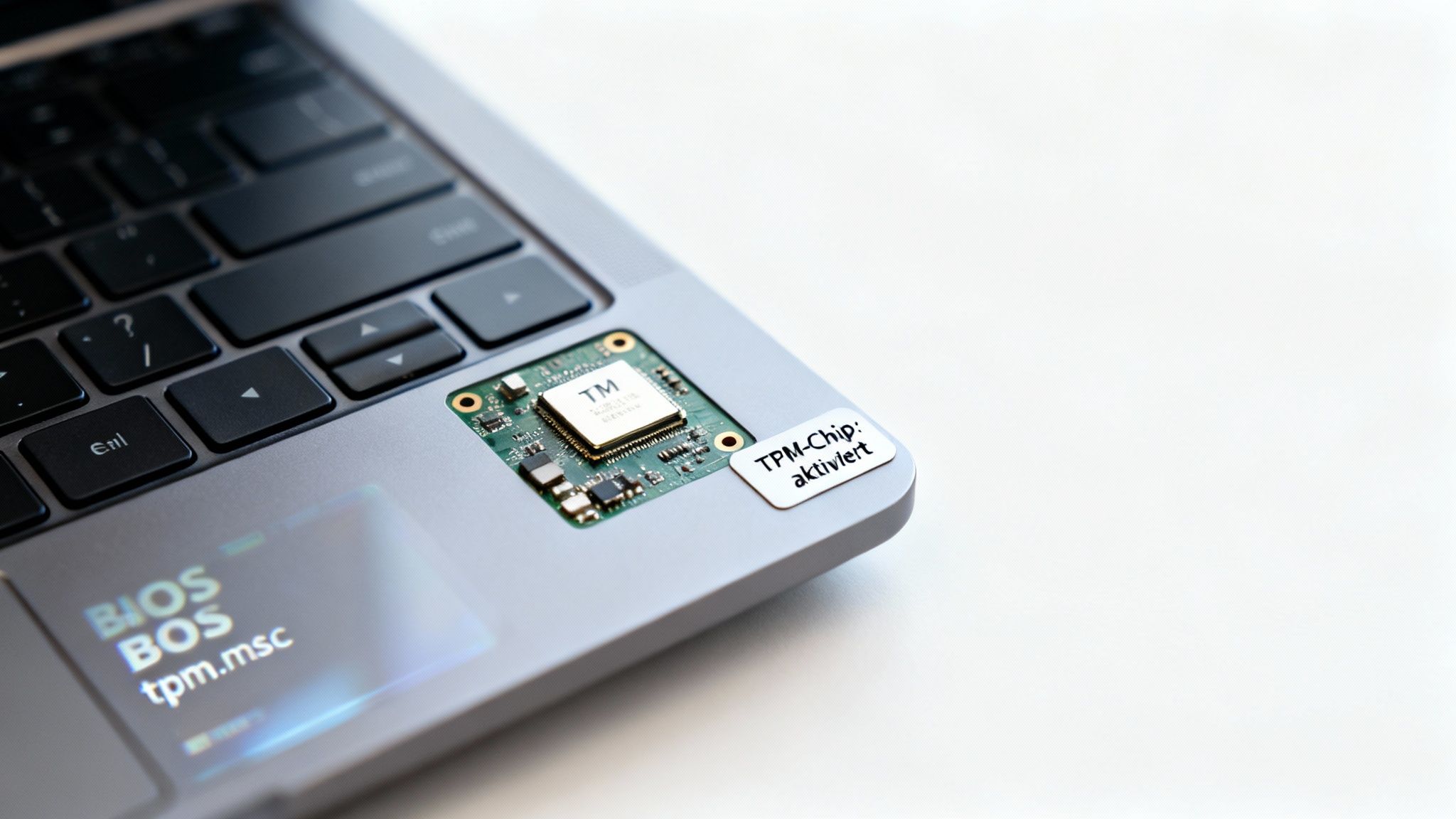 Laptop mit freigelegtem TPM-Chip, einem Sticker 'TPM-Chip: aktiviert' und Textprojektion auf dem Touchpad.
