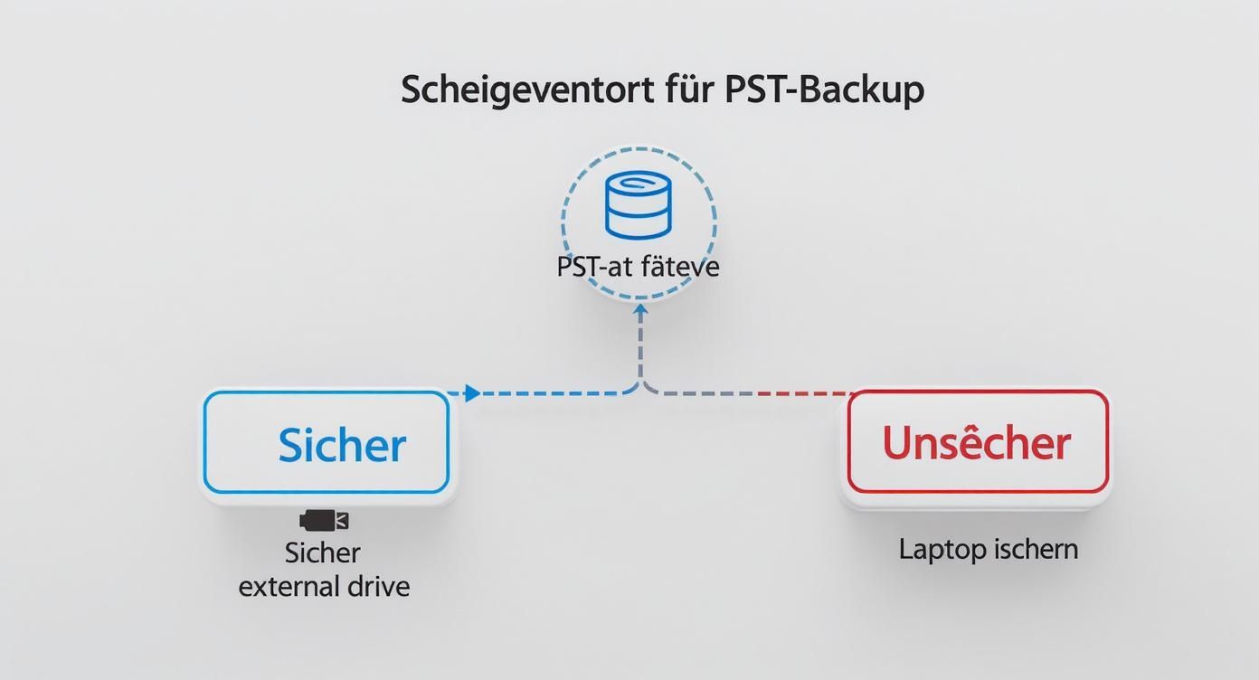 Ein Diagramm zeigt die Optionen für PST-Backups: eine sichere externe Festplatte und einen unsicheren Laptop-Speicher.