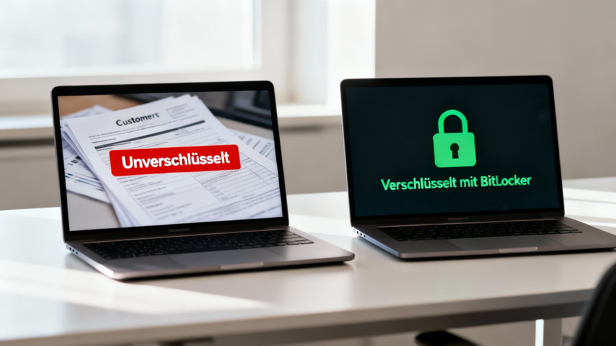 Zwei Laptops auf einem Schreibtisch: Einer zeigt unverschlüsselte Kundendaten, der andere mit BitLocker verschlüsselte Informationen mit grünem Schloss.