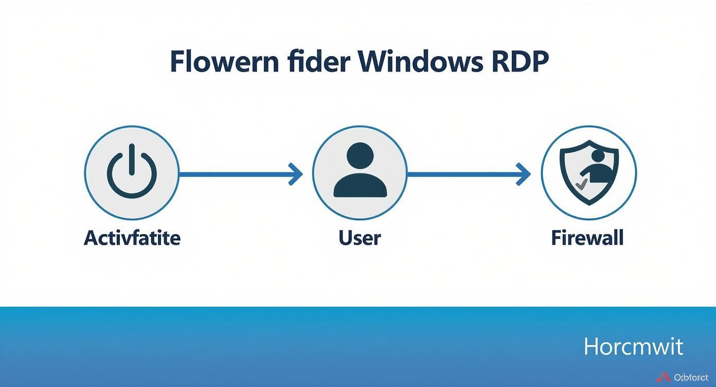 Infografik, die den Prozess der RDP-Einrichtung in drei Schritten visualisiert: Aktivieren, Benutzer festlegen und Firewall konfigurieren.