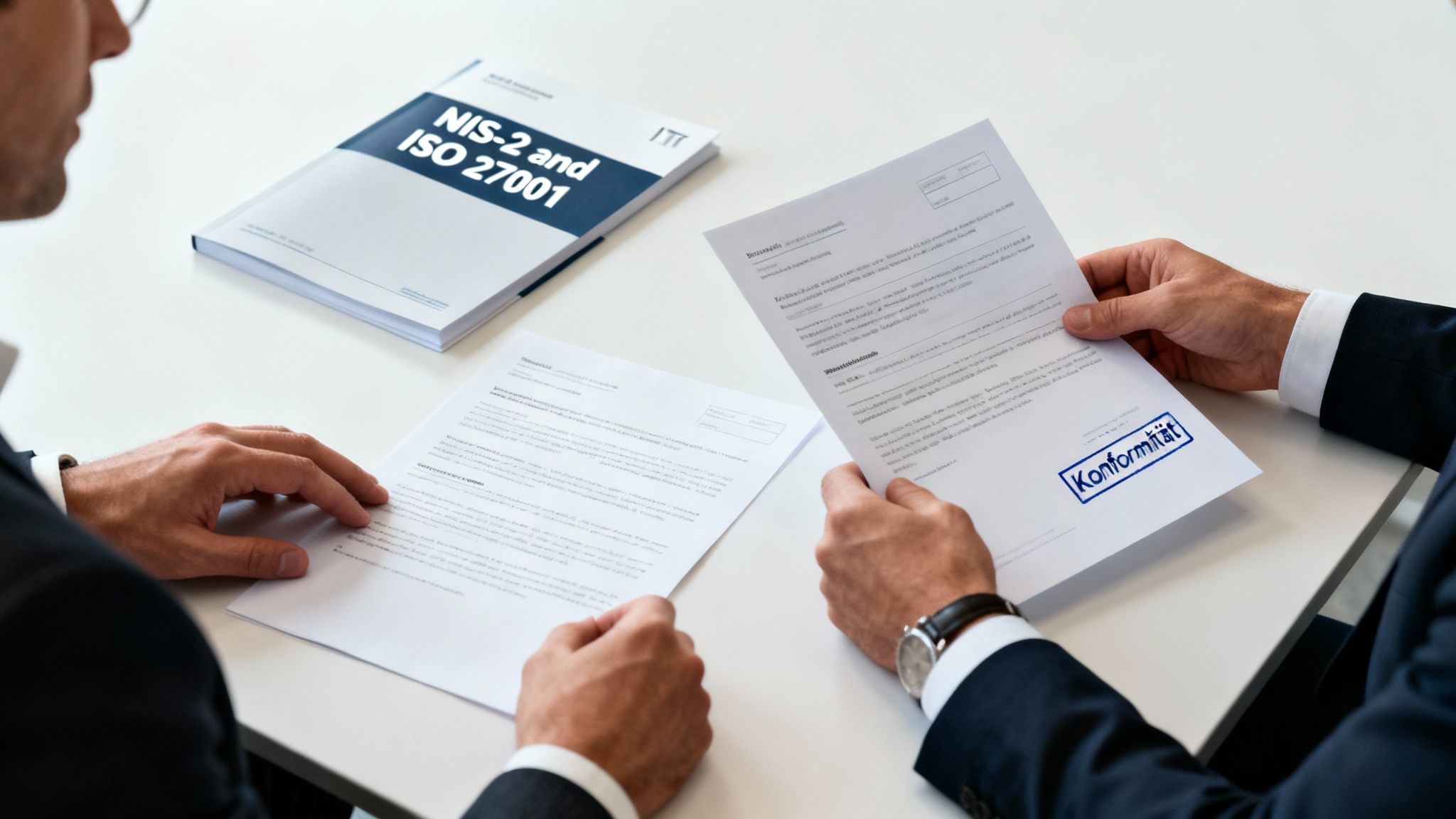 Männer im Anzug prüfen Compliance-Dokumente und ein Buch über NIS-2 und ISO 27001.