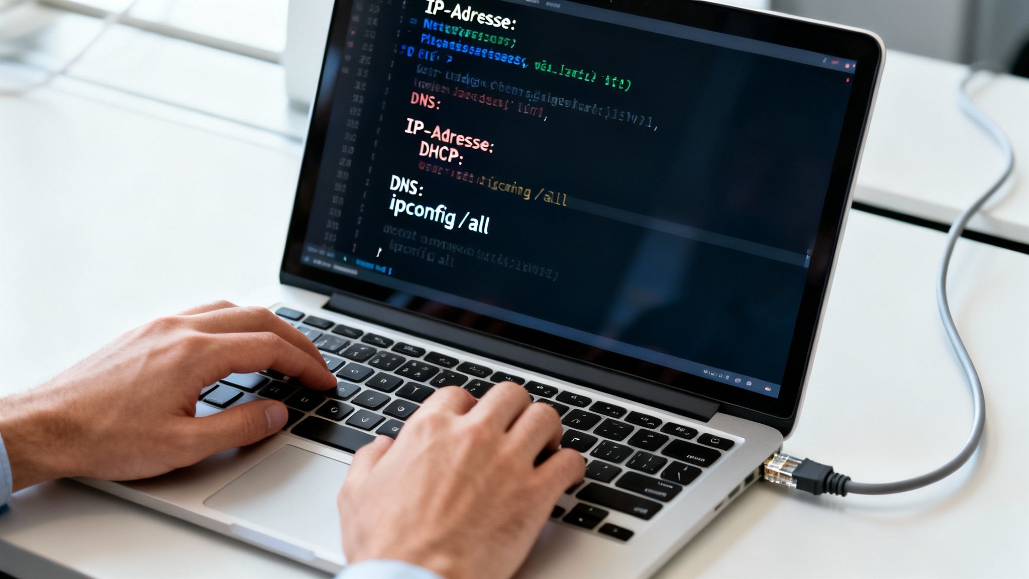 Person tippt auf einem Laptop, der über ein Ethernet-Kabel verbunden ist, um Netzwerkprobleme zu beheben.