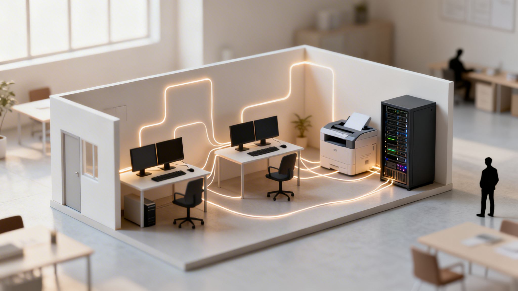 Miniatur-Büro mit leuchtenden Linien, die Computer, Drucker und Server in einem lokalen Netzwerk verbinden.