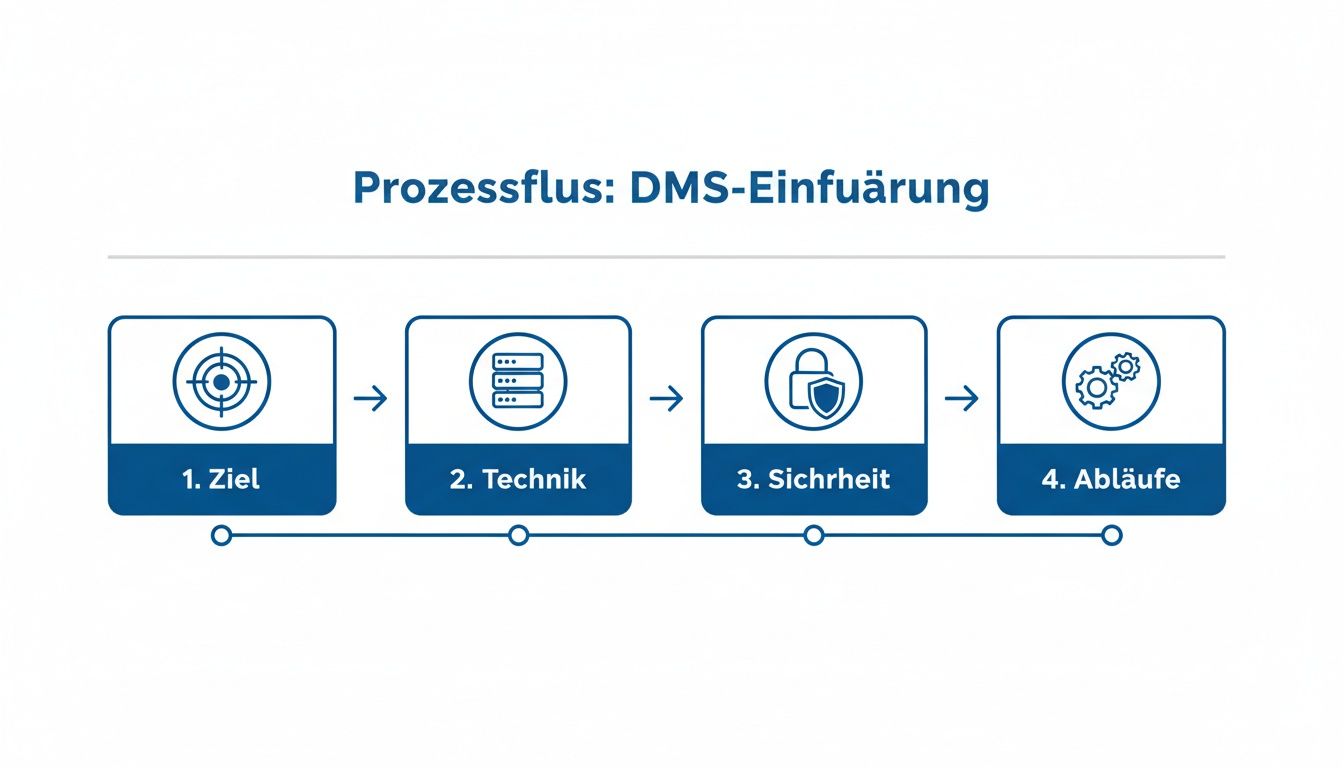Infografik zum Prozessfluss der DMS-Einführung mit vier Schritten: Ziel, Technik, Sicherheit und Abläufe.