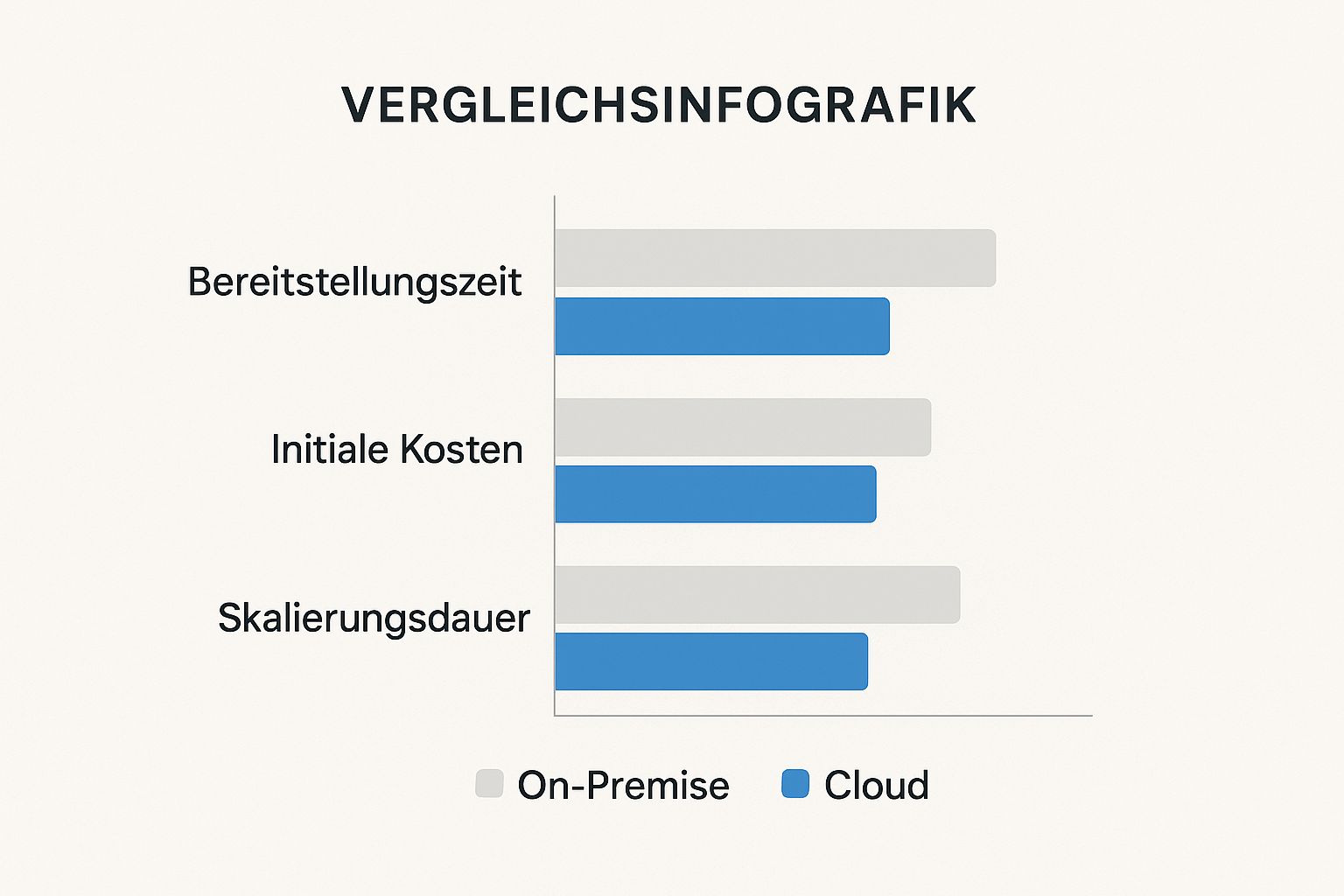 Infografik, die die schnellere Bereitstellungszeit, geringeren initialen Kosten und schnellere Skalierungsdauer von Cloud-Lösungen im Vergleich zu On-Premise-Lösungen zeigt.