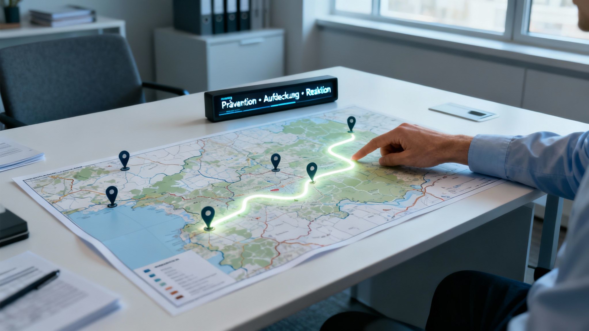 Ein Team von Fachleuten arbeitet an einem Tisch an einer Compliance-Strategie.