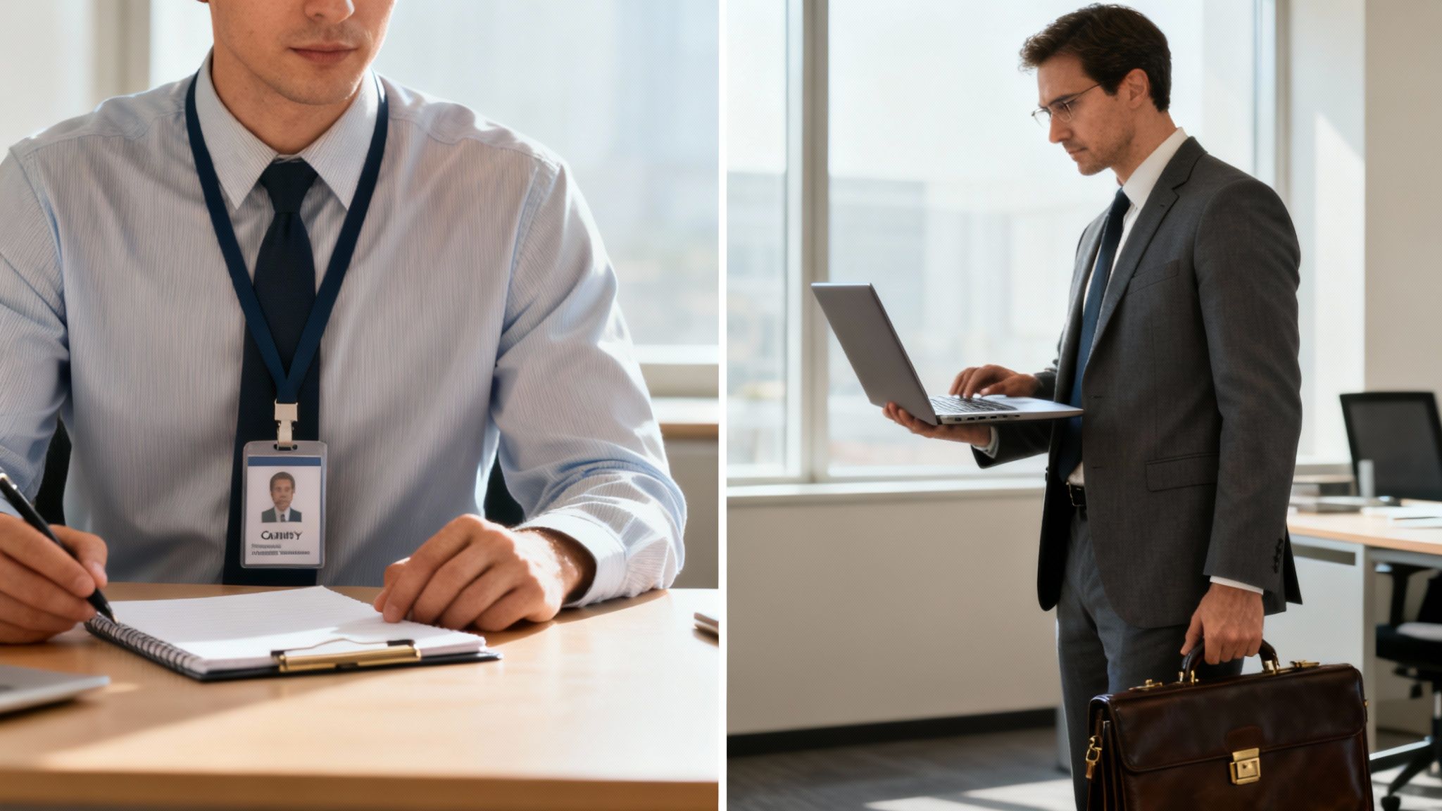 Zwei Geschäftsleute im Büro: Ein Mann schreibt am Schreibtisch, ein anderer steht mit Laptop und Aktentasche.