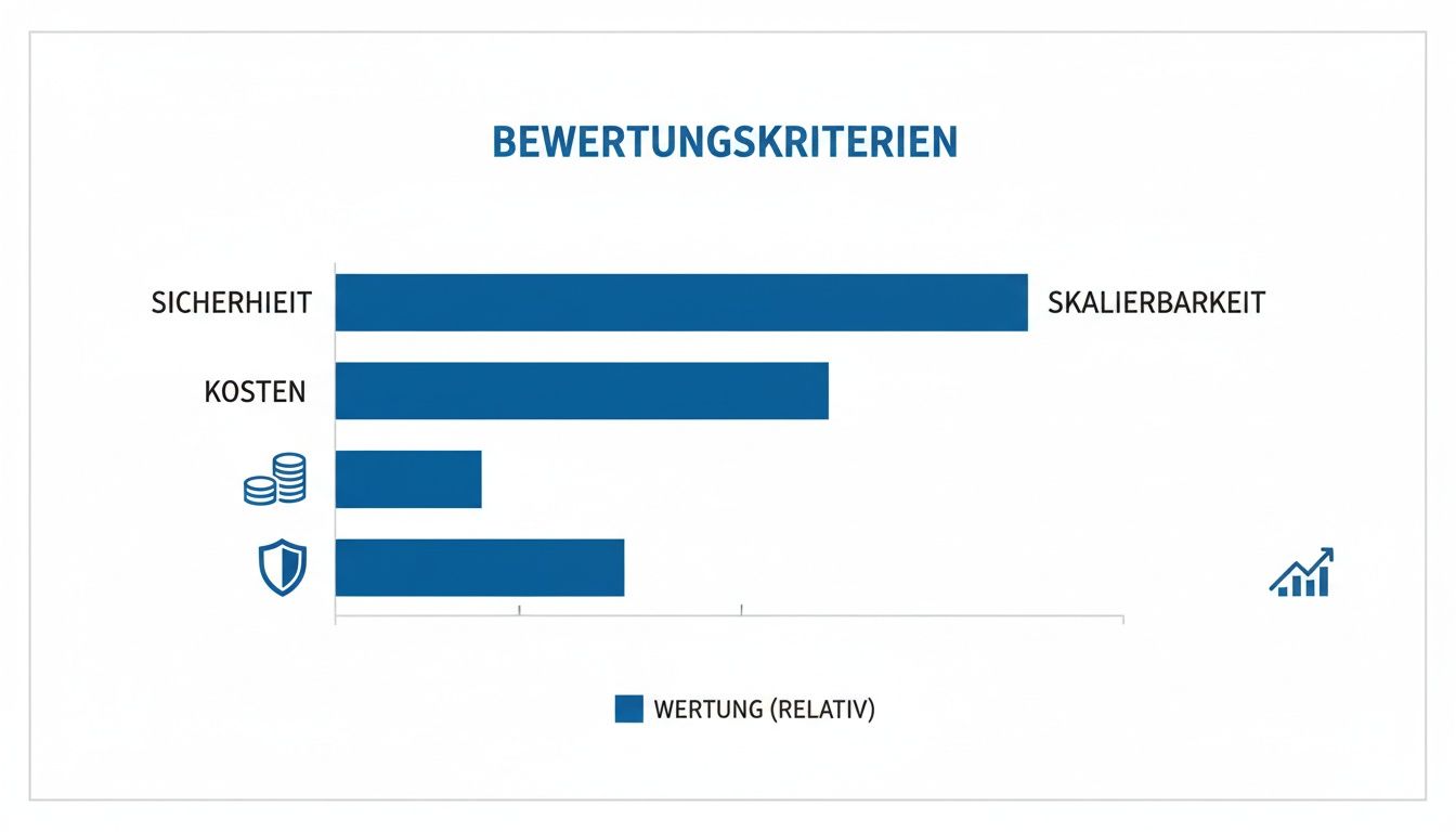 Balkendiagramm ‚Bewertungskriterien‘ zeigt relative Wichtung für Sicherheit, Kosten, Skalierbarkeit und weitere Aspekte.