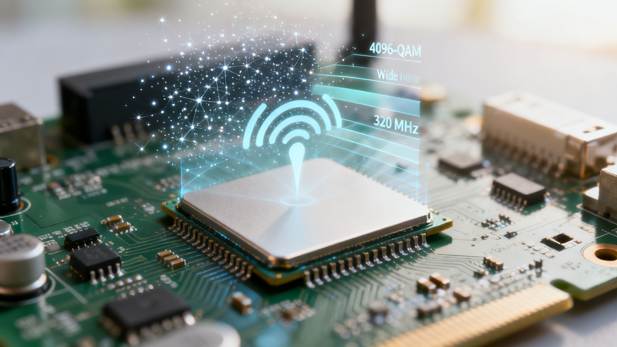 Nahaufnahme einer Leiterplatte mit einem Prozessor, der ein leuchtendes WLAN-Symbol und holografische Daten wie 4096-QAM und 320 MHz ausstrahlt.