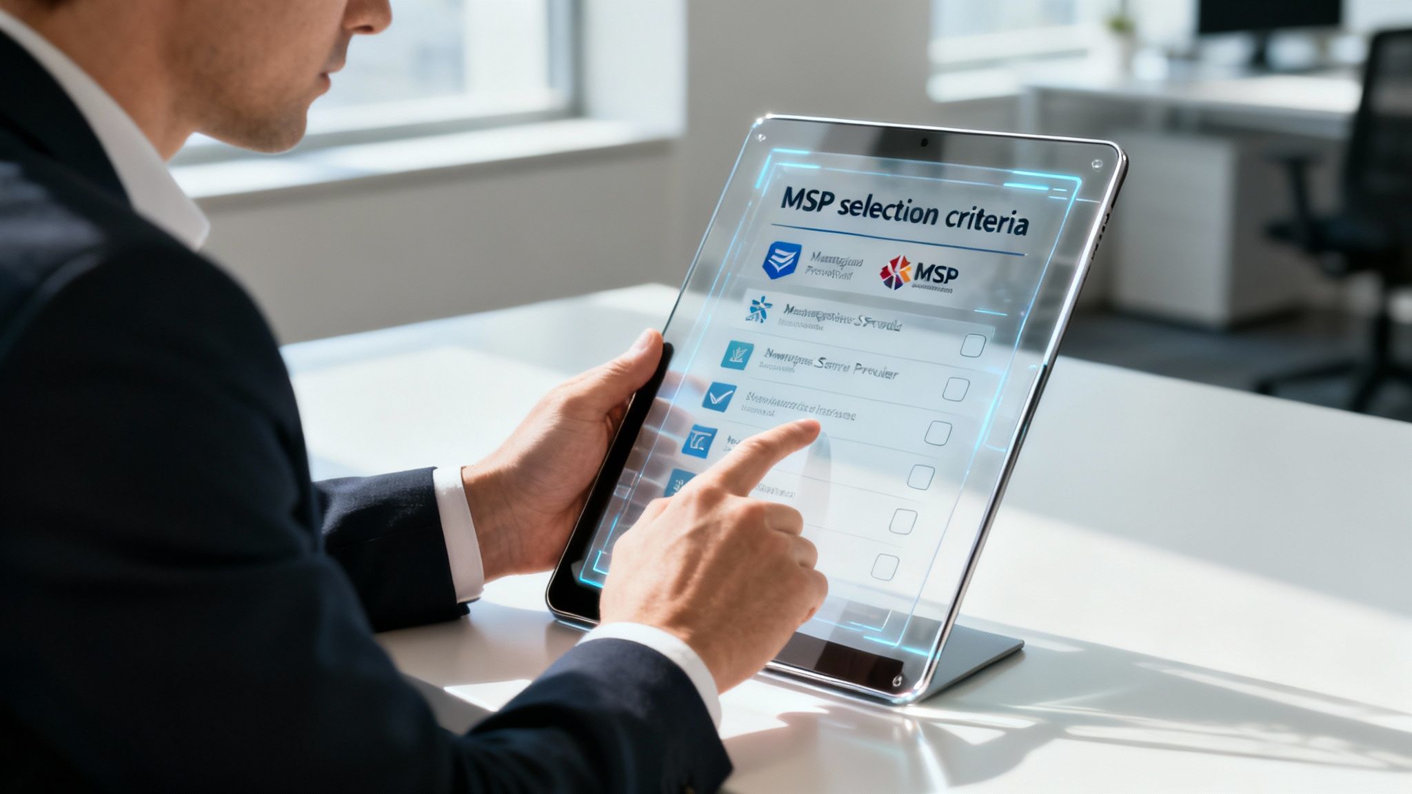Eine Geschäftsfrau und ein IT-Experte sitzen an einem Tisch und besprechen eine Checkliste, was die sorgfältige Auswahl eines MSP symbolisiert.