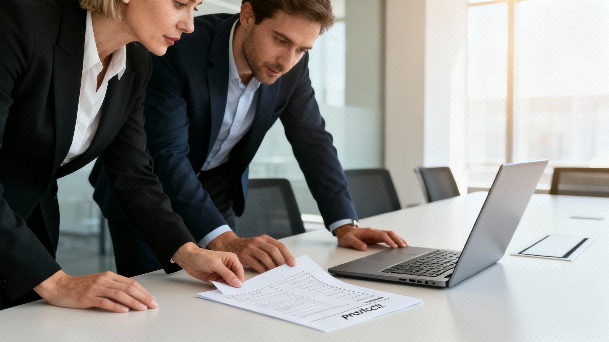 Zwei Geschäftsleute besprechen Dokumente und arbeiten an einem Laptop in einem modernen Büro.