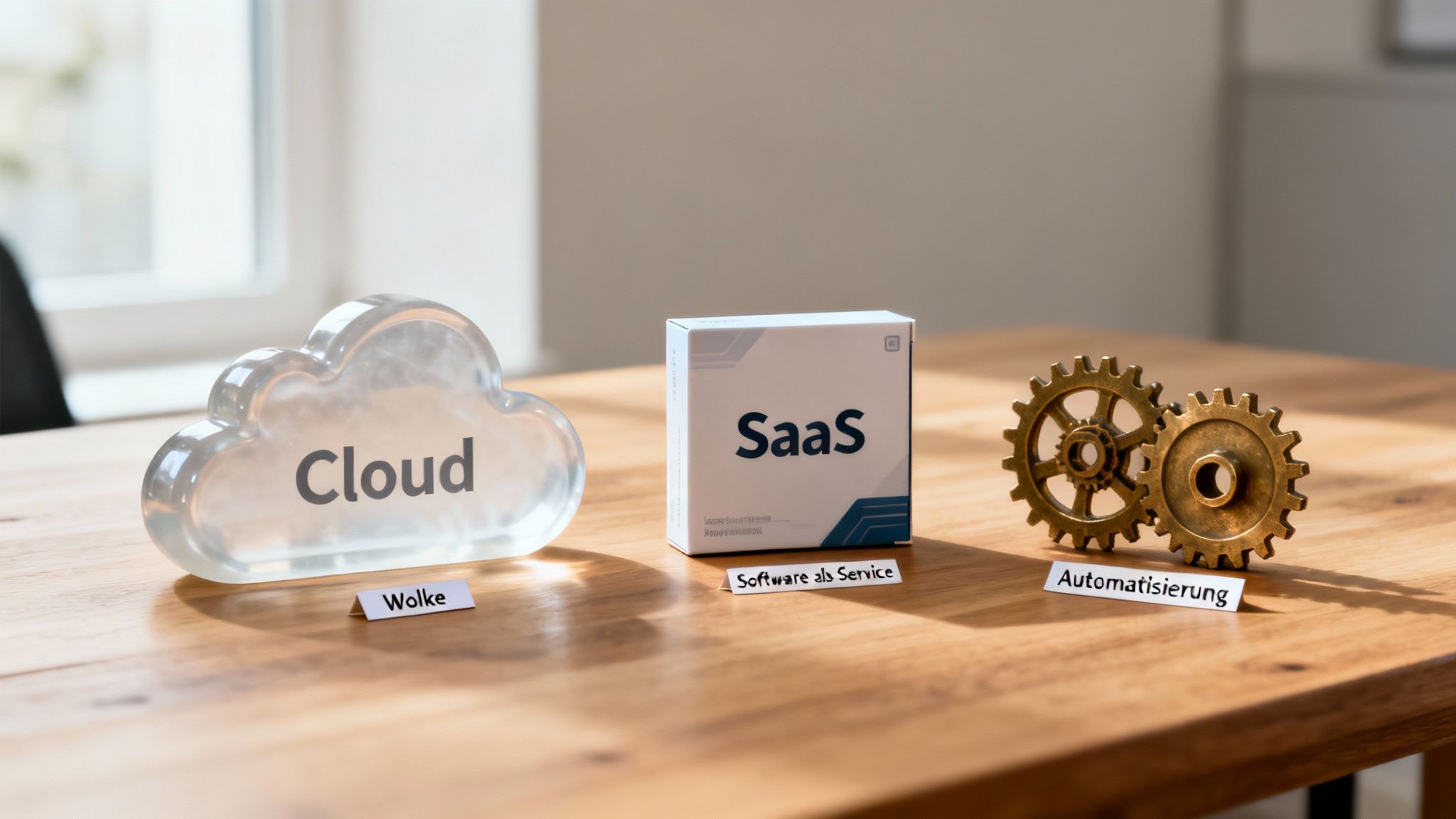 Drei Objekte auf einem Holztisch symbolisieren Cloud, SaaS und Automatisierung als Digitalisierungsthemen für Unternehmen.