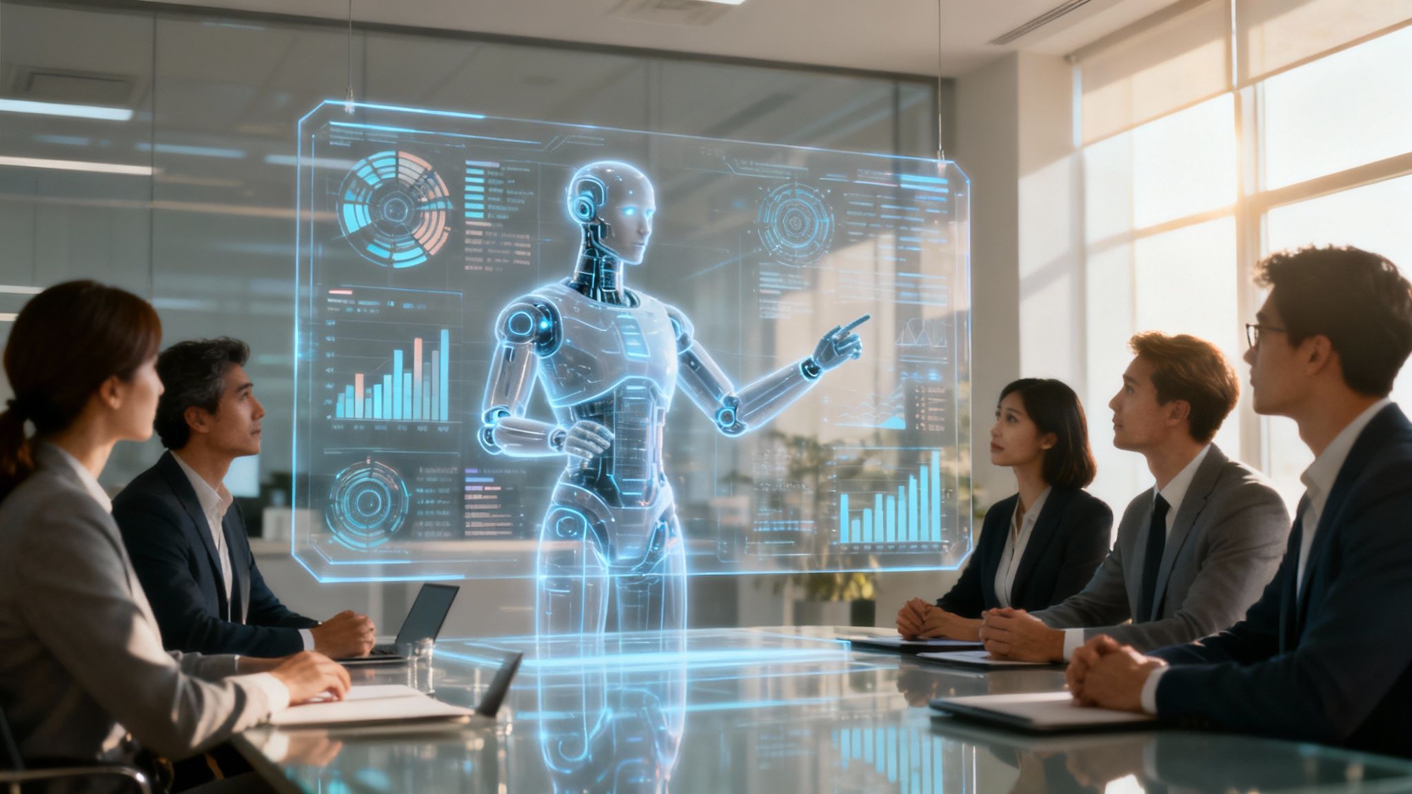 Ein modernes Büro, in dem Mitarbeiter mit KI-gestützten Dashboards interagieren