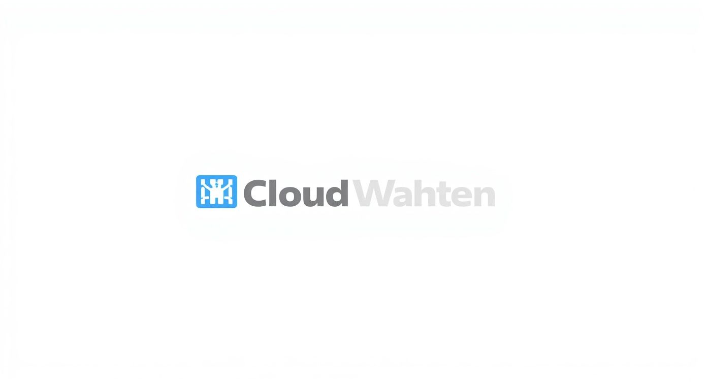 Blaues Kasten-Logo mit stilisierten Figuren und dem Schriftzug 'CloudWahten' in Grau auf weißem Hintergrund.