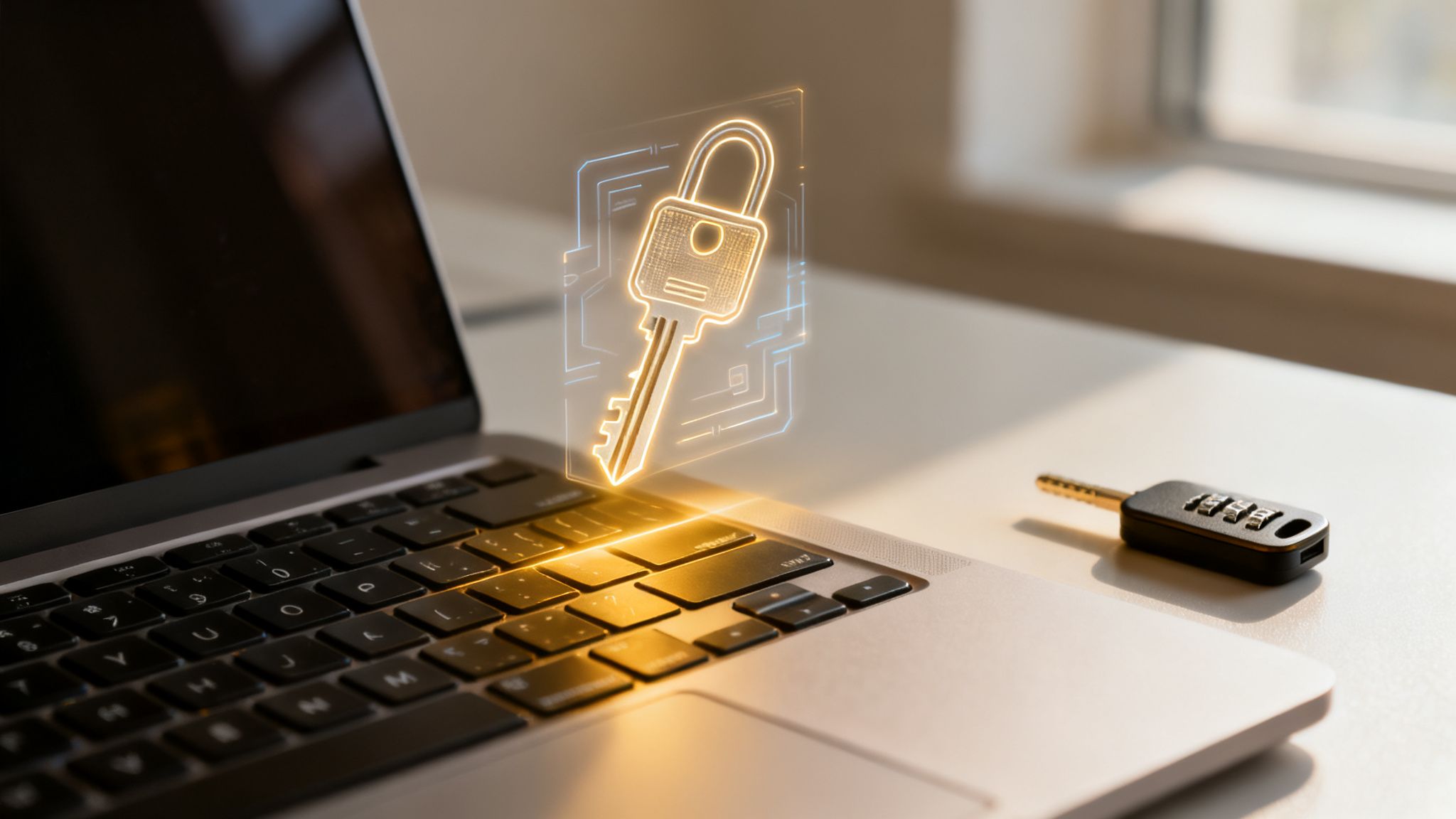 Laptop mit leuchtendem digitalen Schlüssel- und Schlosssymbol, symbolisiert Online-Sicherheit und Zugang.