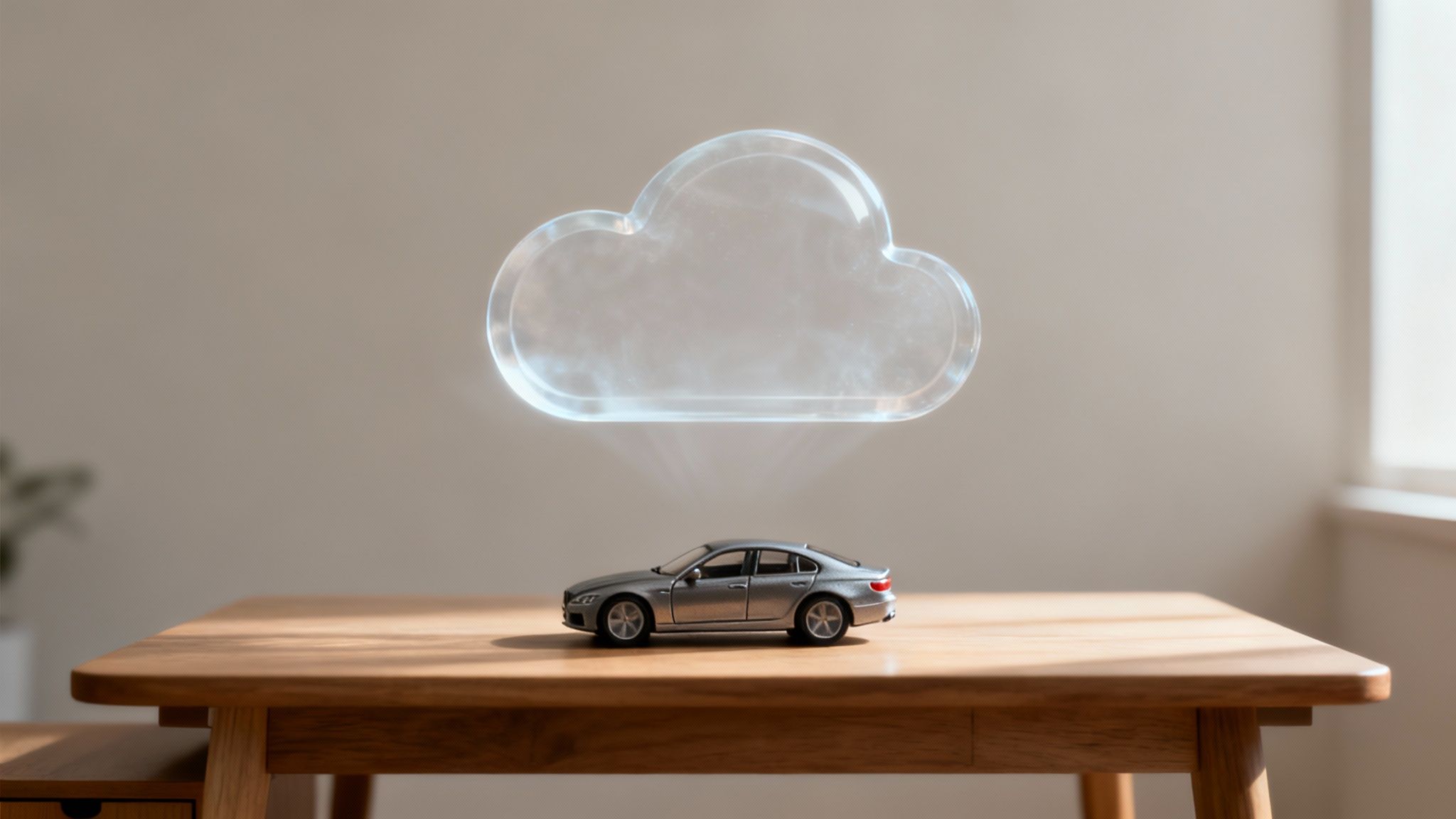 Ein silbernes Spielzeugauto auf einem Holztisch, darüber schwebt ein holografisches Cloud-Symbol, das Cloud-Konnektivität darstellt.
