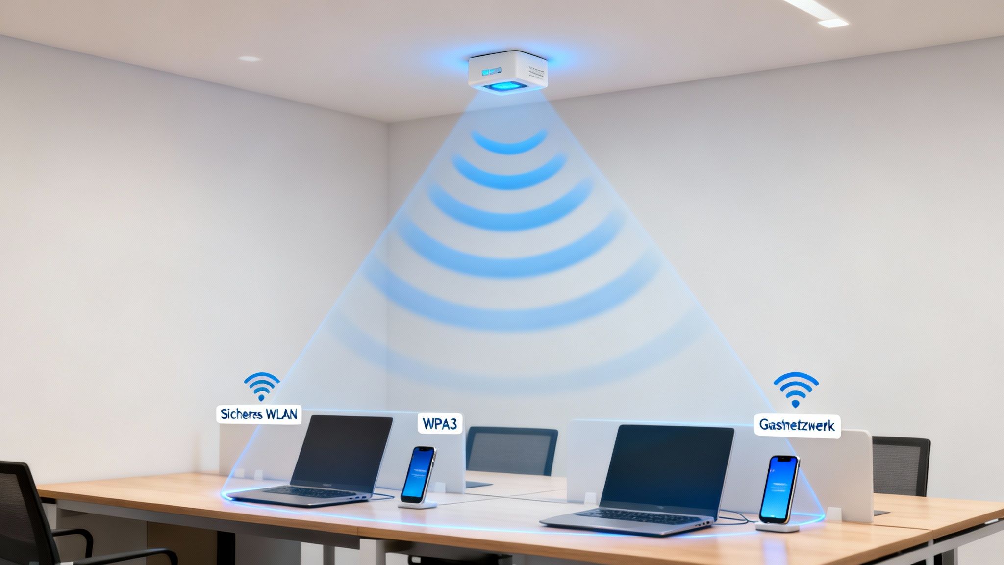 Deckenmontierter WLAN-Router versorgt Bürotische mit sicherem WLAN und Gastnetzwerk, zeigt WPA3.