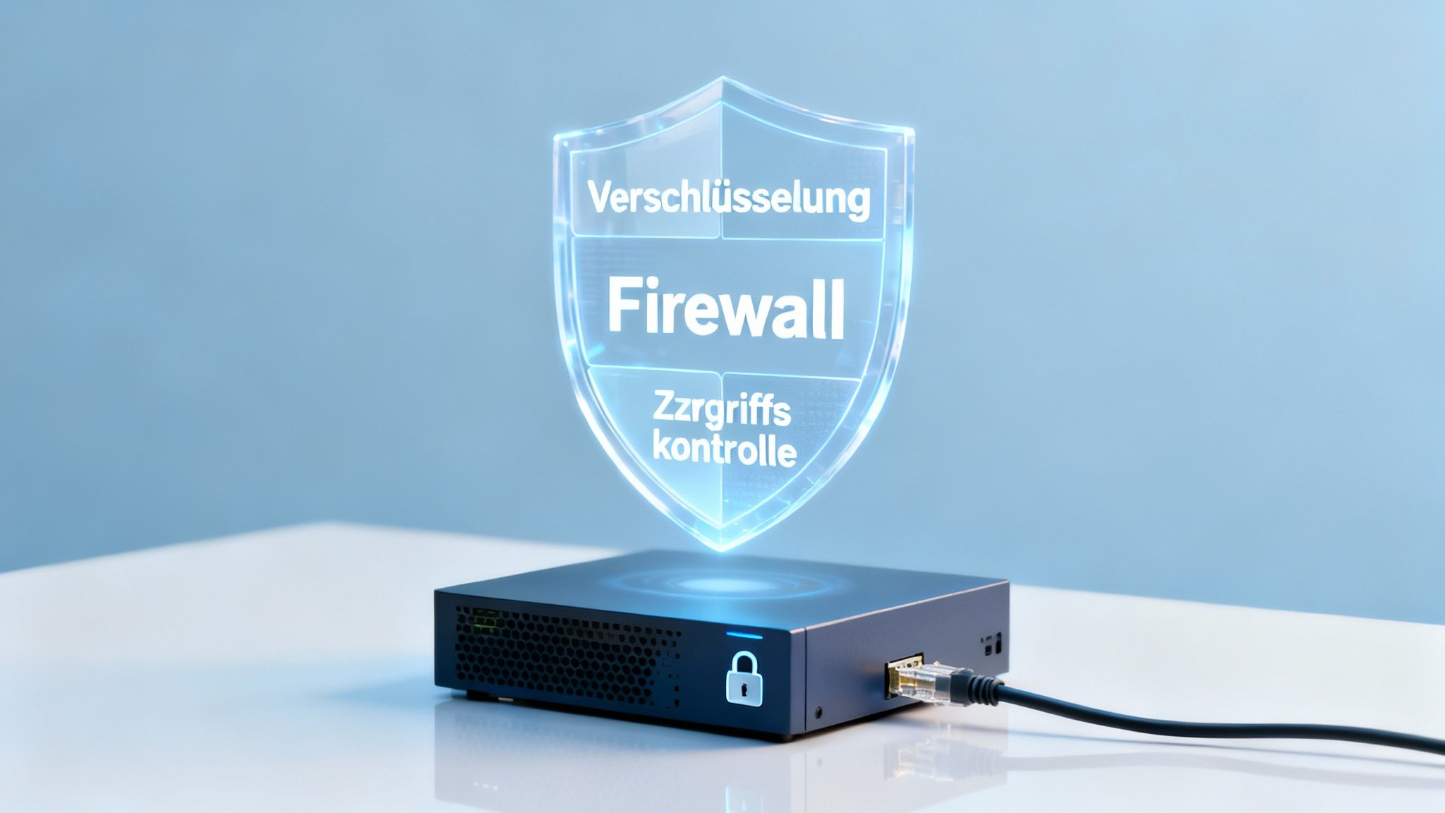 Ein Mini-PC mit Ethernet-Kabel, darüber ein leuchtendes Sicherheitsschild mit Firewall, Verschlüsselung und Zugriffskontrolle.