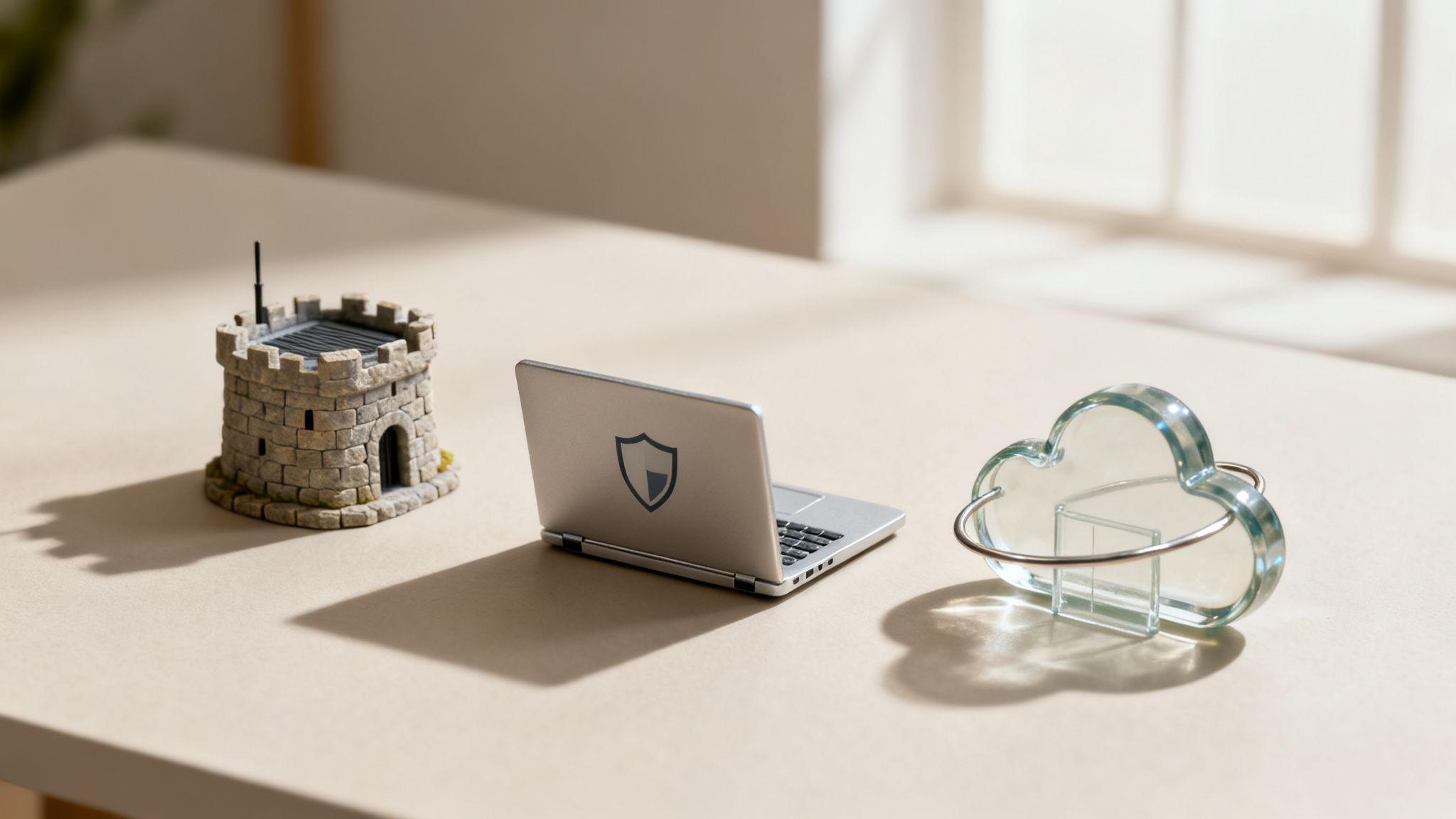 Sicherheitskonzept: Burgturm als Firewall, Laptop mit Schild und Glaswolke auf hellem Tisch.