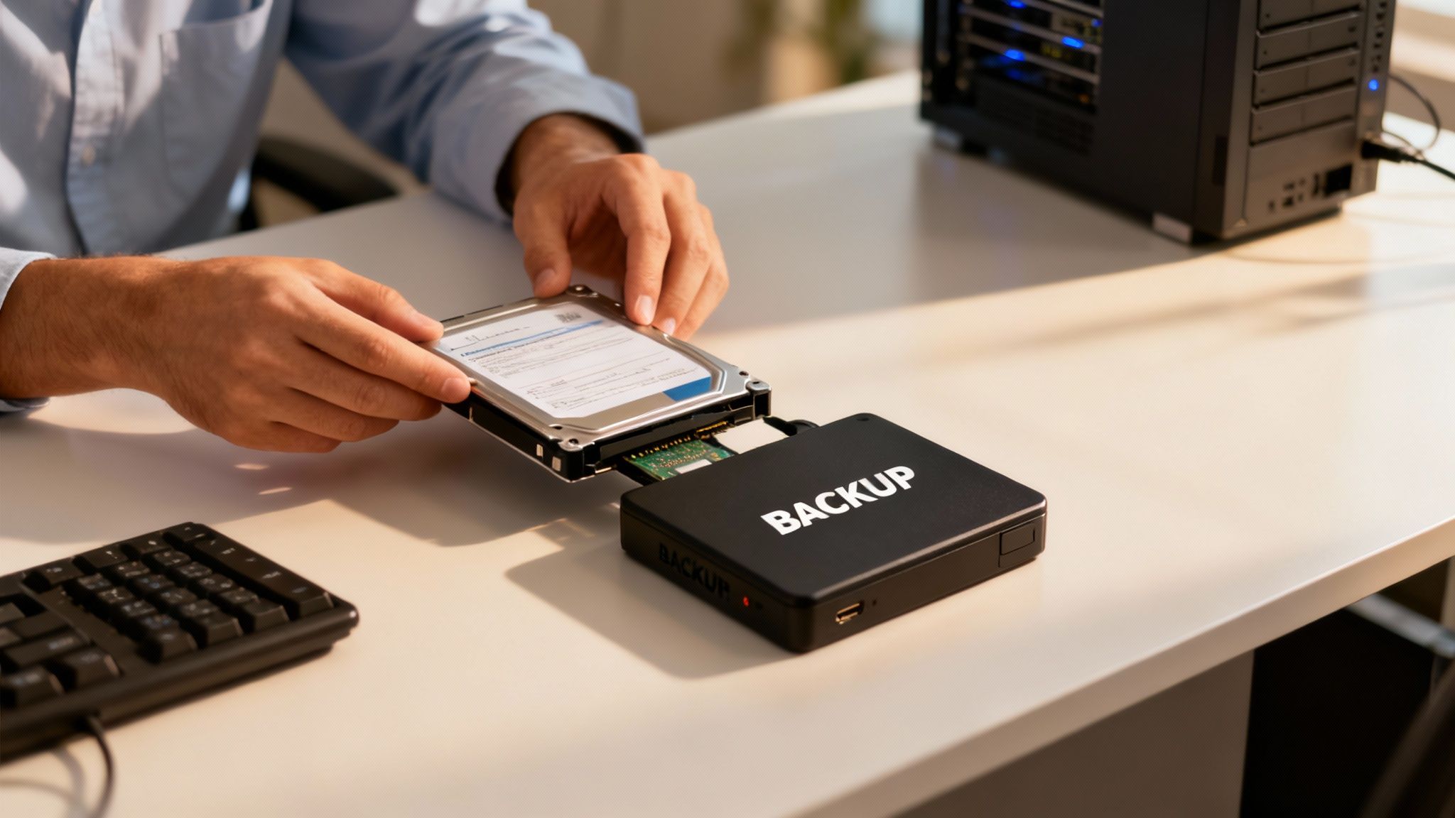 Mann steckt eine Festplatte in ein Backup-Gerät, um Daten zu sichern, auf einem Schreibtisch mit Computer.