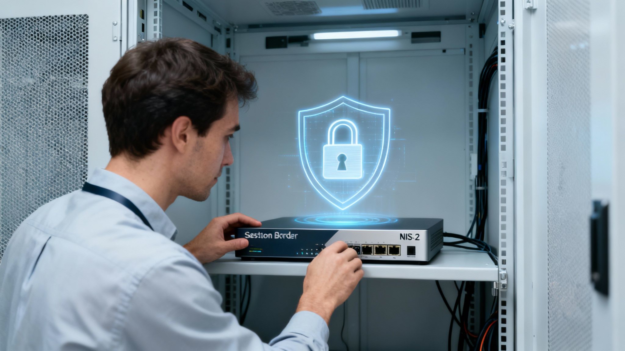 IT-Techniker konfiguriert "Session Border NIS-2" Gerät in einem Server-Rack mit digitalem Sicherheitssymbol.