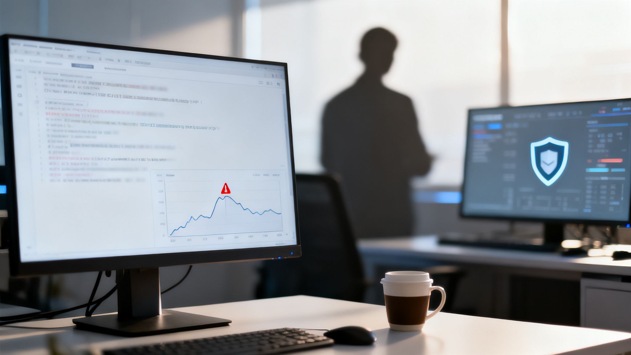 Ein Büro-Arbeitsplatz mit Monitoren, die Software-Code, eine Grafik mit Warnung und ein Schutzschild anzeigen.