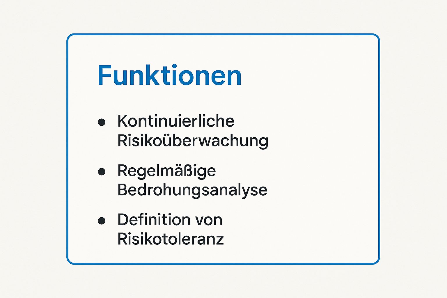 Infografik, die die Kernfunktionen des Cyber-Risikomanagements zeigt: Kontinuierliche Risikoüberwachung, Regelmäßige Bedrohungsanalyse und Definition von Risikotoleranz.