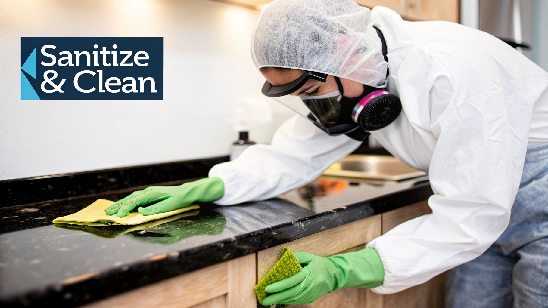 Person in protective gear cleaning a countertop with green gloves, emphasizing sanitization and restoration after fire damage, with "Sanitize & Clean" logo visible.