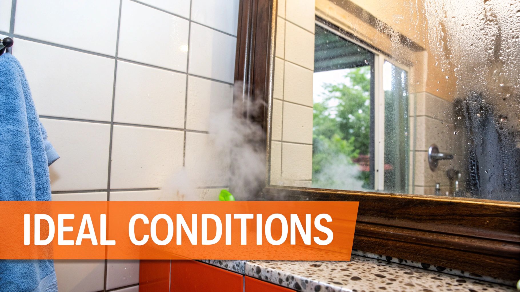 Steam and condensation on a bathroom mirror with a blue towel hanging nearby, illustrating ideal conditions for mold growth in a humid environment.