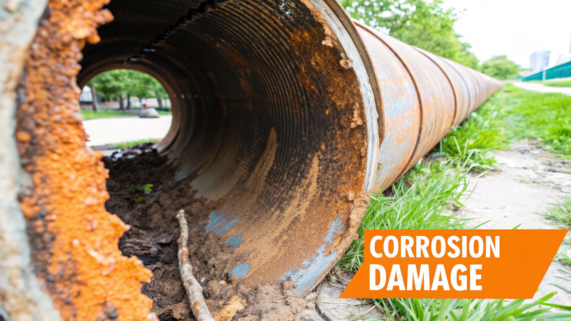 Corroded metal pipe displaying significant internal damage and rust, highlighting corrosion issues relevant to plumbing failures and water pipe bursts.