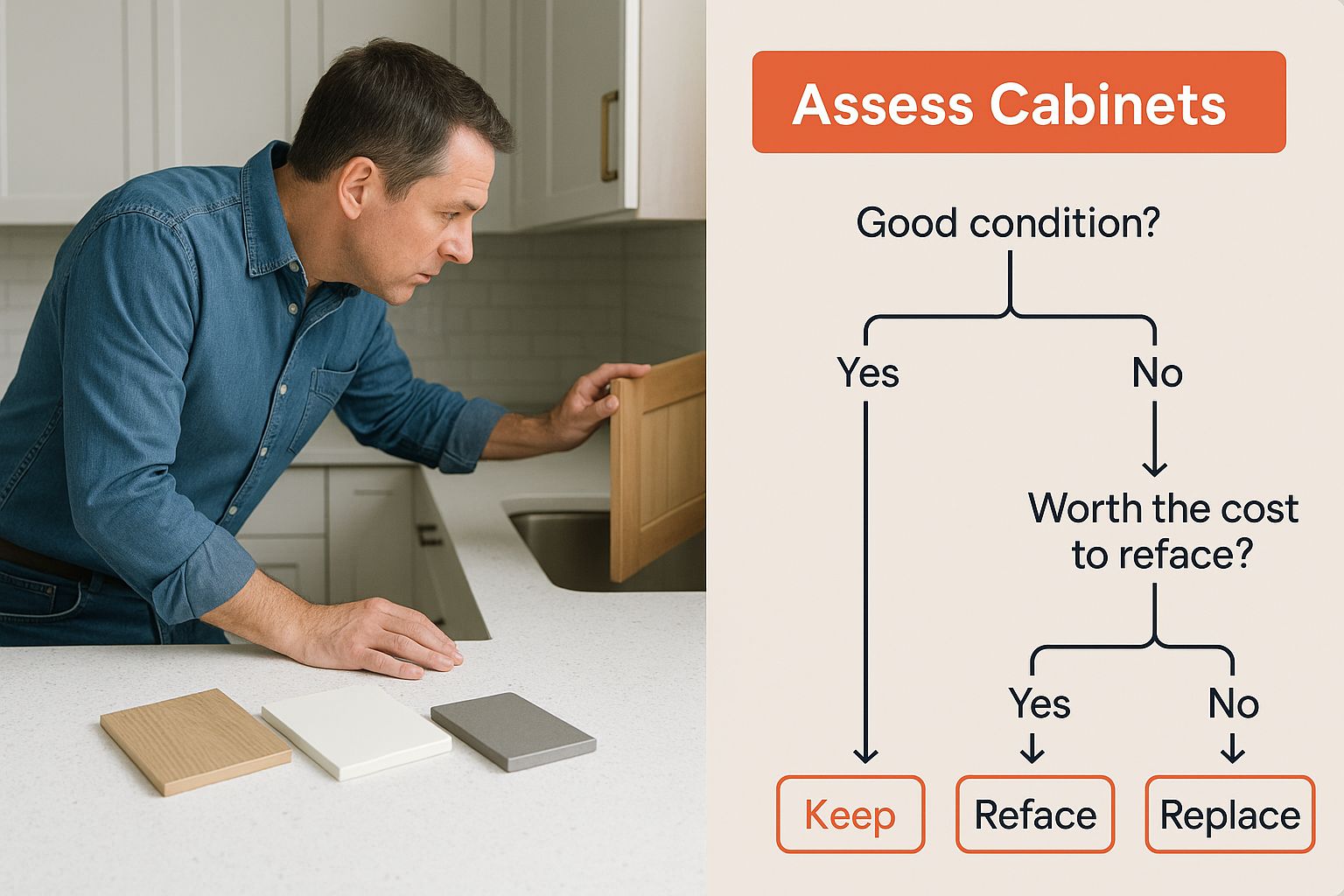 Man assessing kitchen cabinets with color samples on countertop, alongside a decision flowchart for cabinet condition evaluation, emphasizing options to keep, reface, or replace.